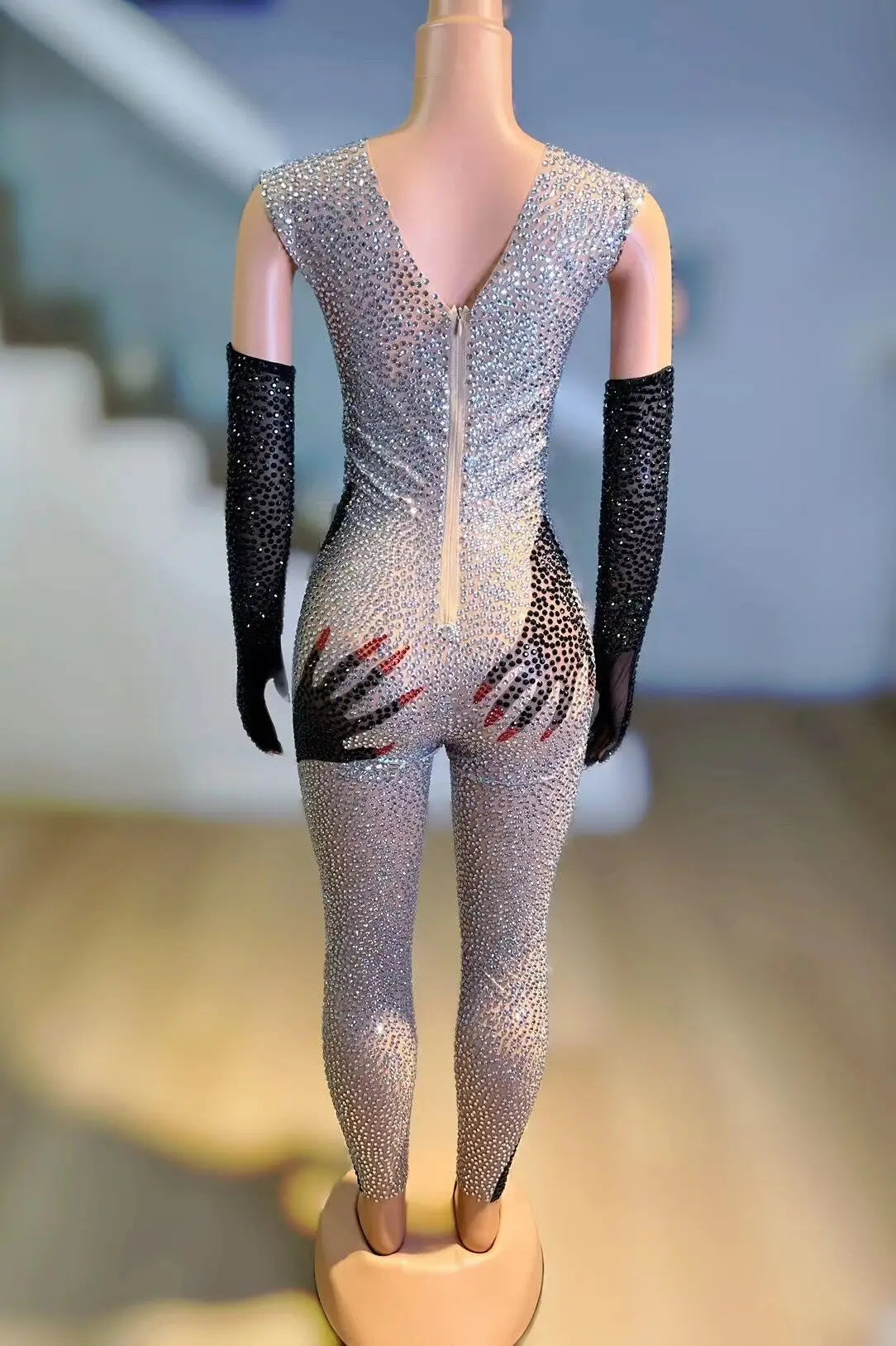 Sparkly Silver Black Rhinestones Sexy Hand Pattern Jumpsuit Birthday Celebrate Outfit Women Dance Performance Costume