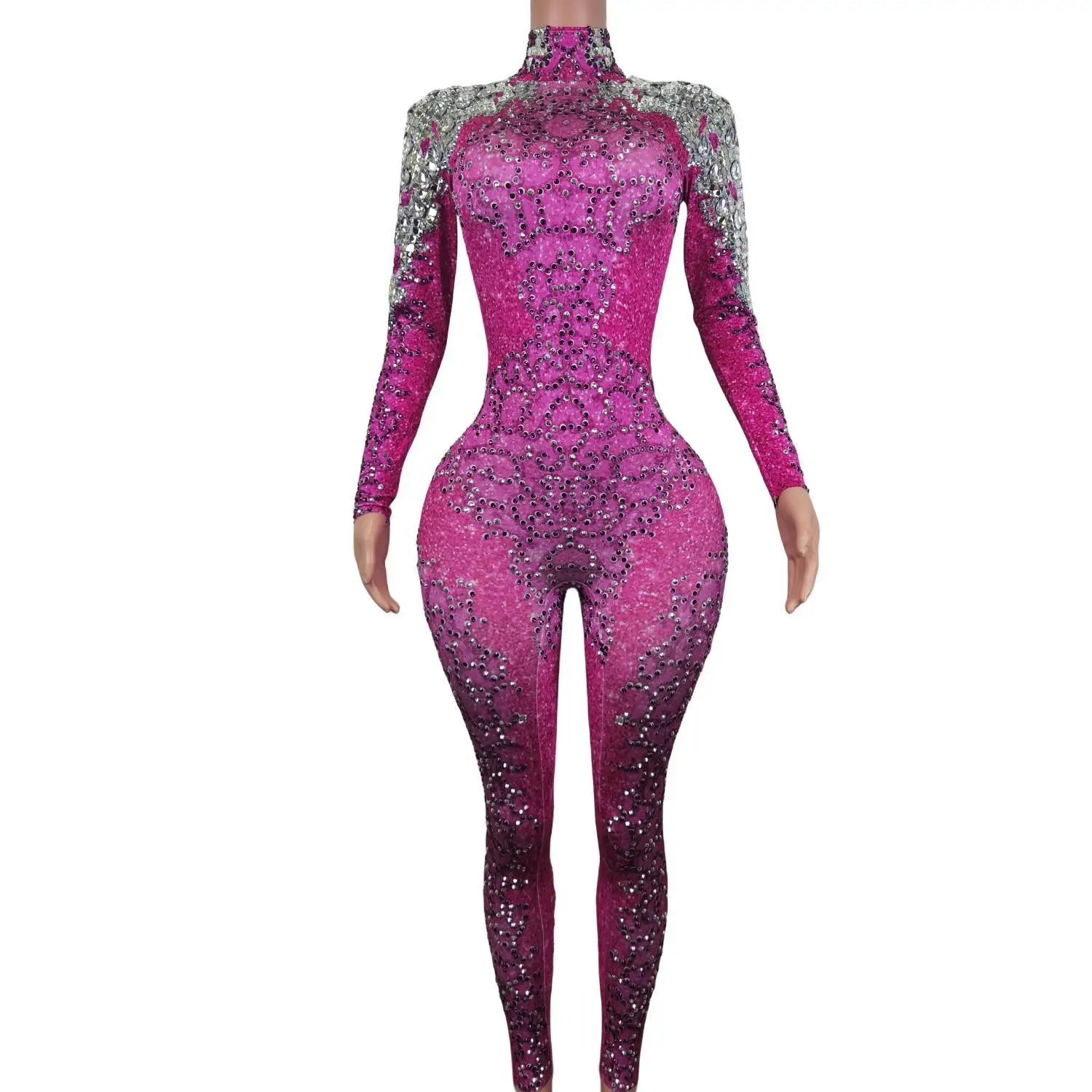 Sparkly Silver Crystals Long Sleeves Jumpsuit Pink Birthday Celebrate Costume Girl Dance Prom Party Photo Shoot Jumpsuit