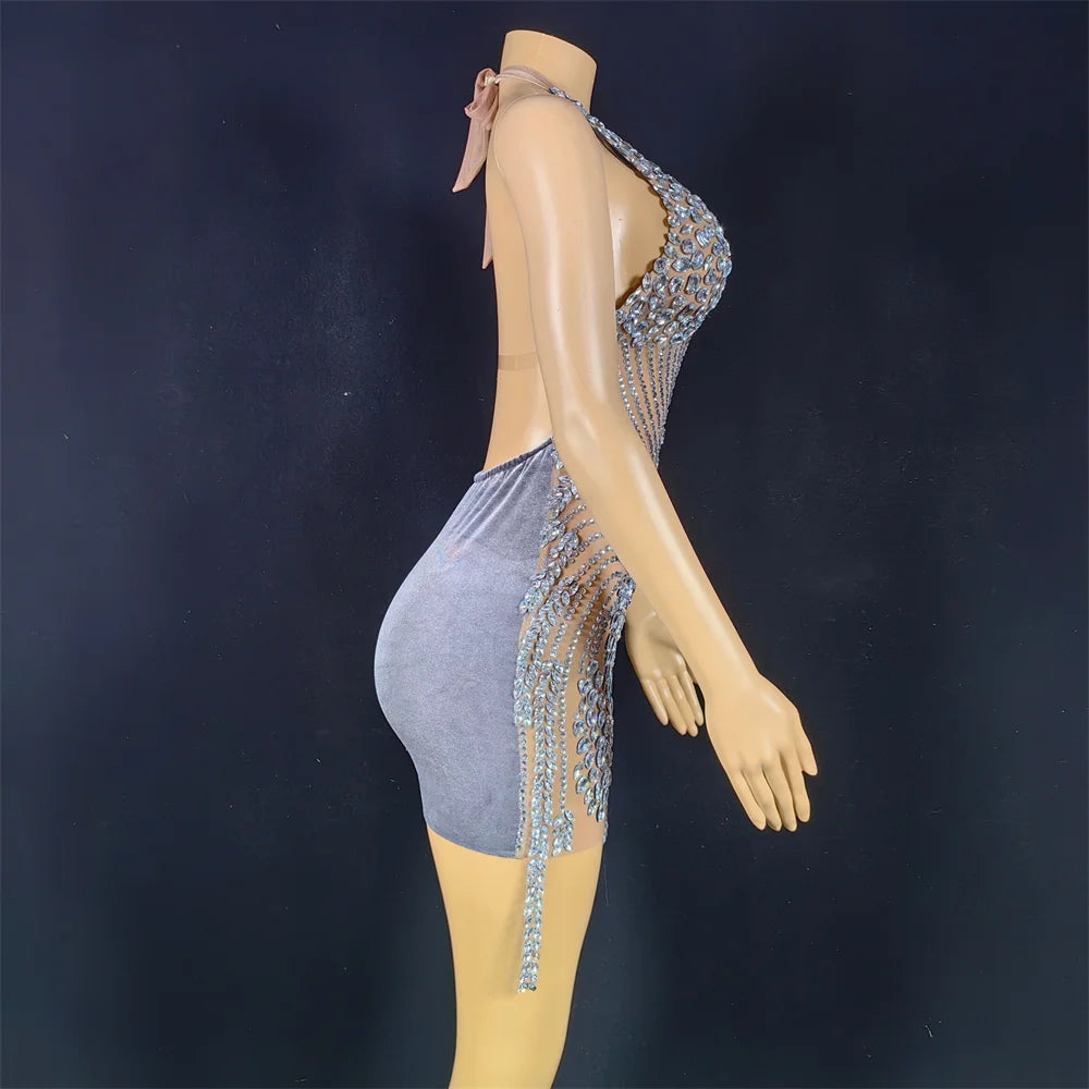 Sparkly Silver Rhinestone Mirror Elastic Fabric Short Dress Women Birthday Stage Play Celebrate Dress Dancer Party Show Dress