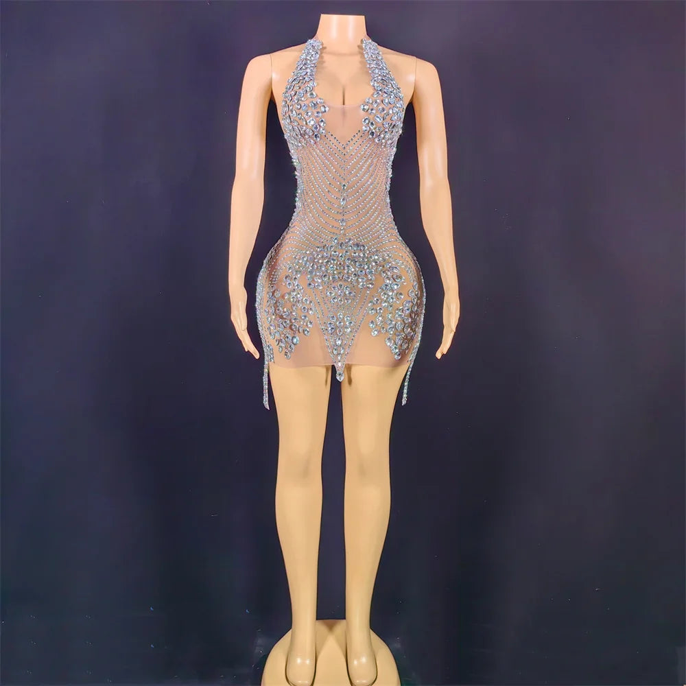 Sparkly Silver Rhinestone Mirror Elastic Fabric Short Dress Women Birthday Stage Play Celebrate Dress Dancer Party Show Dress