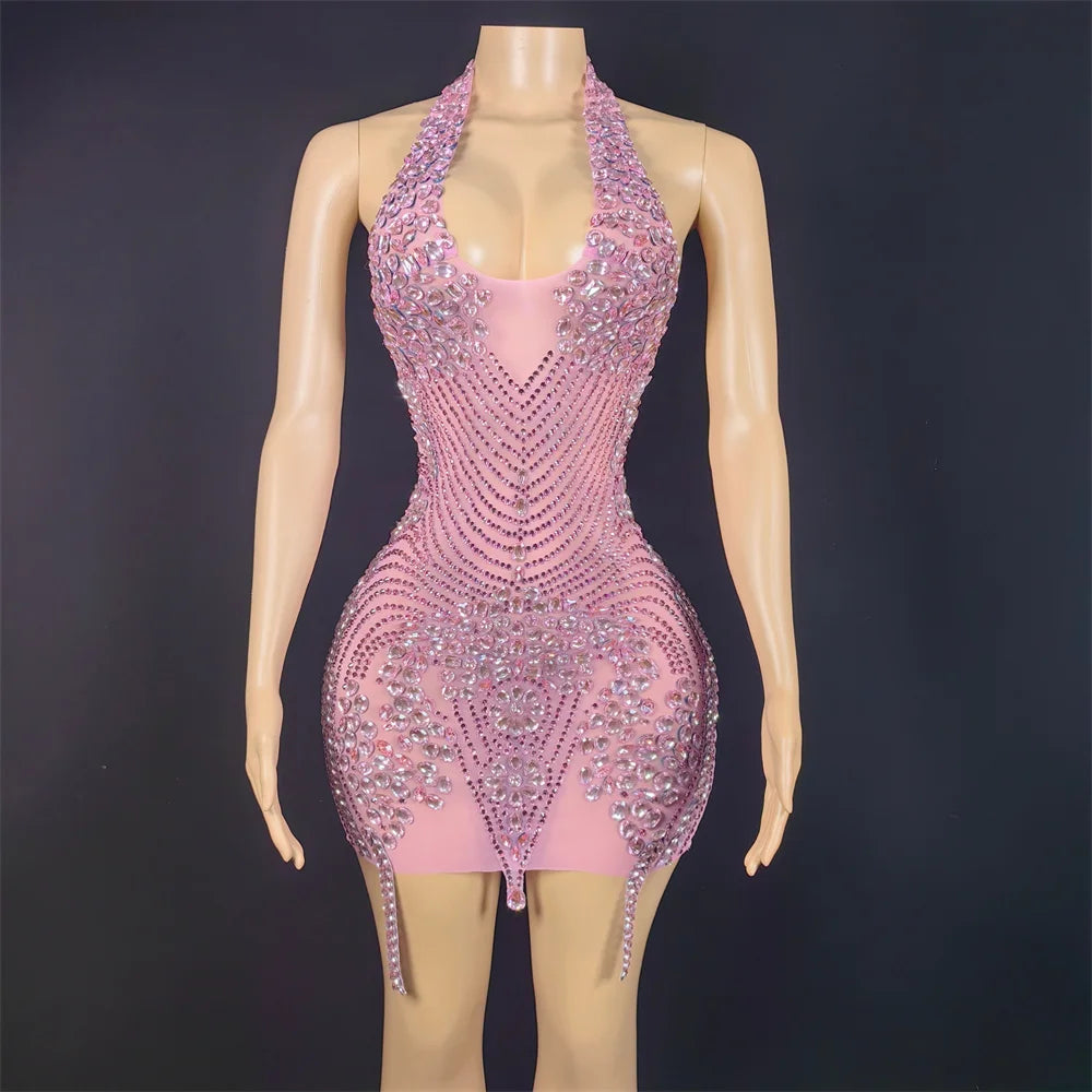 Sparkly Silver Rhinestone Mirror Elastic Fabric Short Dress Women Birthday Stage Play Celebrate Dress Dancer Party Show Dress