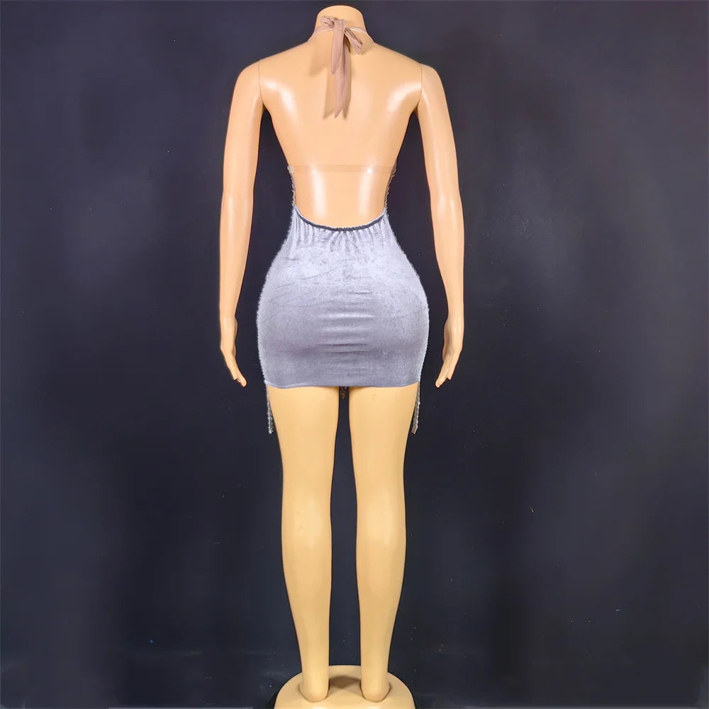 Sparkly Silver Rhinestone Mirror Elastic Fabric Short Dress Women Birthday Stage Play Celebrate Dress Dancer Party Show Dress