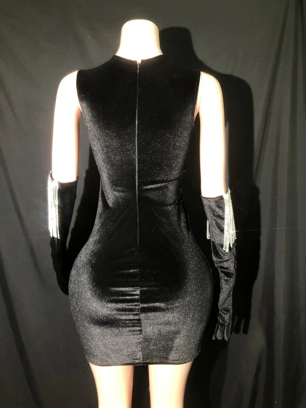 Sparkly Silver Rhinestones Chains Black Mesh Leopard Velvet Short Dress Gloves Women Celebrate Birthday Dress Show Stage Wear