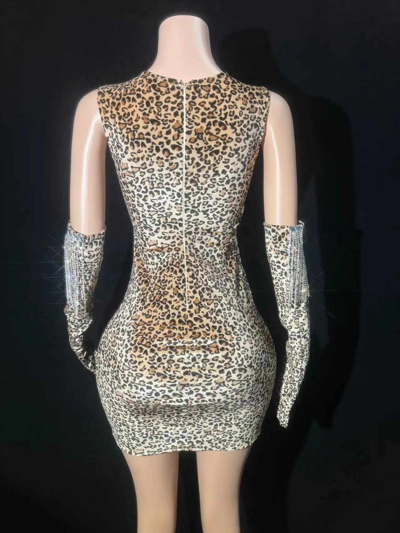 Sparkly Silver Rhinestones Chains Black Mesh Leopard Velvet Short Dress Gloves Women Celebrate Birthday Dress Show Stage Wear