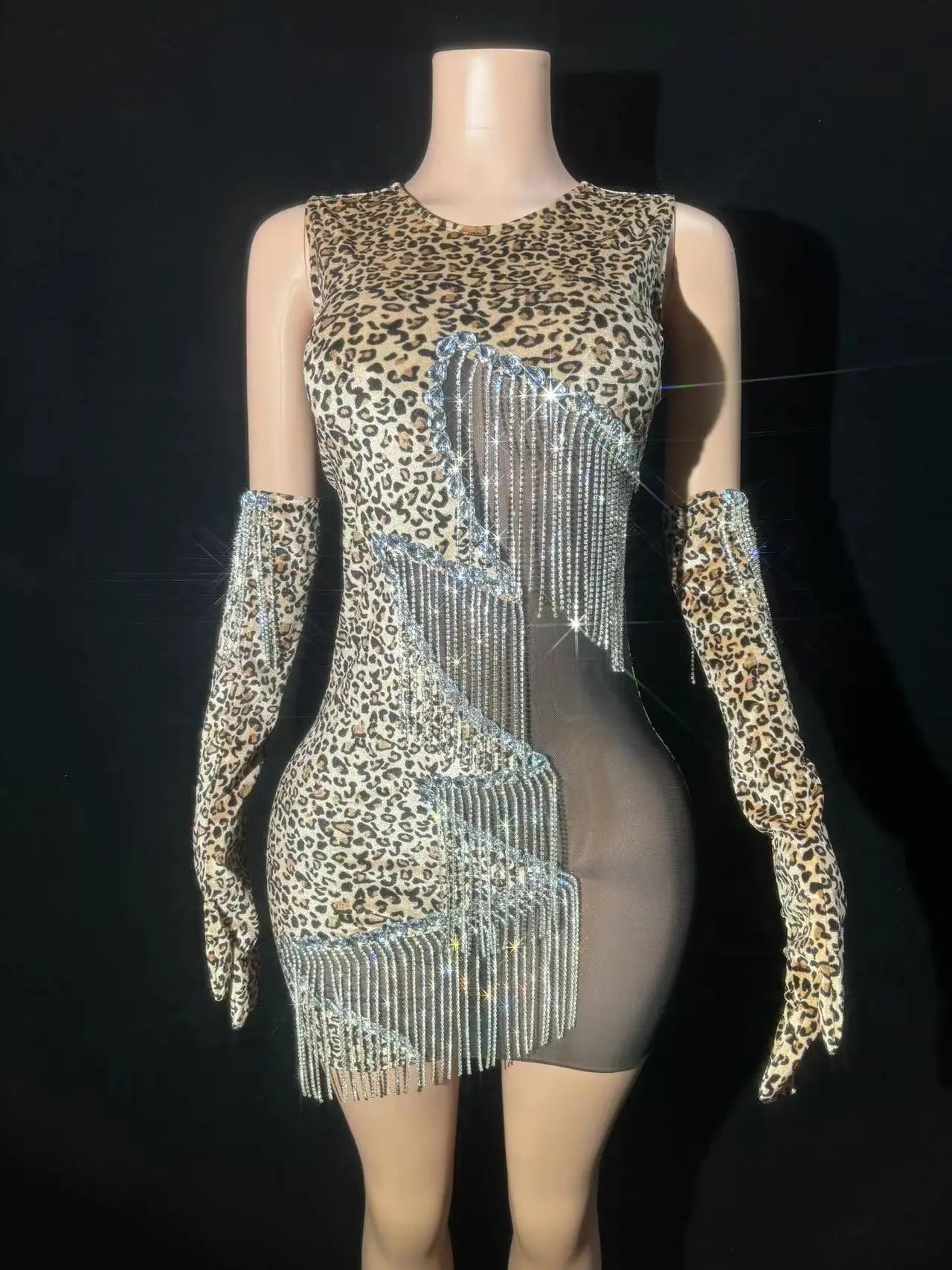 Sparkly Silver Rhinestones Chains Black Mesh Leopard Velvet Short Dress Gloves Women Celebrate Birthday Dress Show Stage Wear