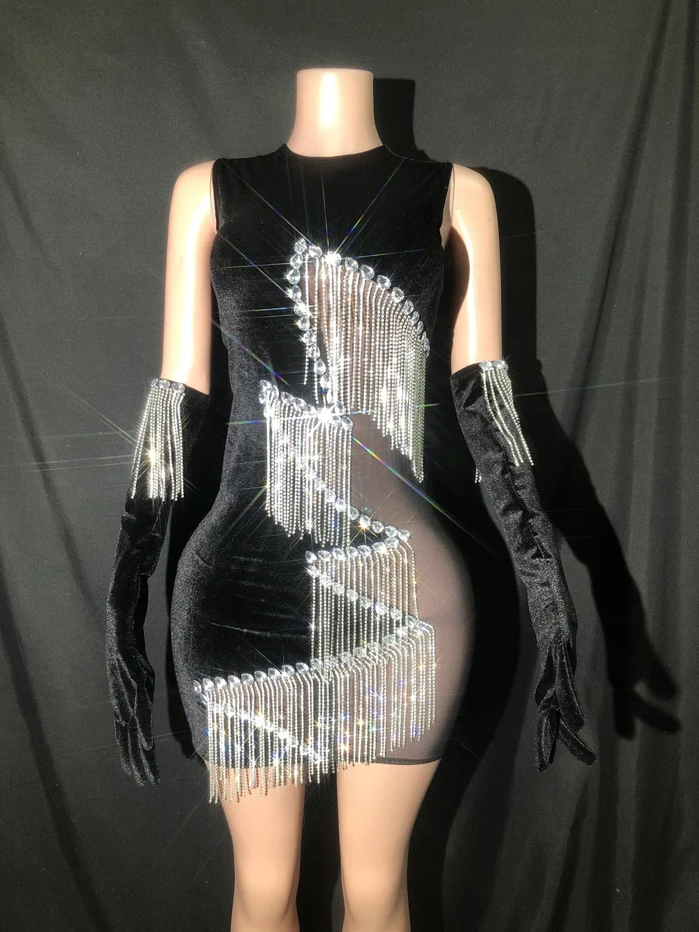Sparkly Silver Rhinestones Chains Black Mesh Leopard Velvet Short Dress Gloves Women Celebrate Birthday Dress Show Stage Wear