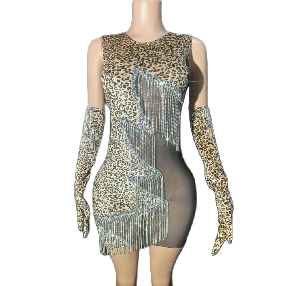 Sparkly Silver Rhinestones Chains Black Mesh Leopard Velvet Short Dress Gloves Women Celebrate Birthday Dress Show Stage Wear
