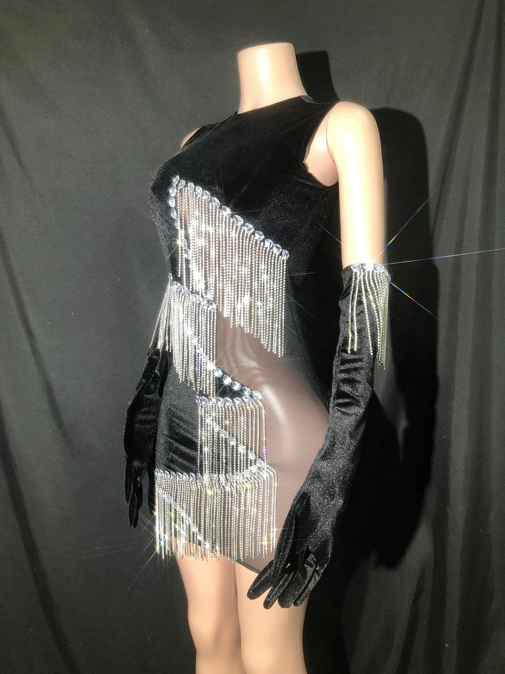 Sparkly Silver Rhinestones Chains Black Mesh Velvet Short Dress Gloves for Women Party Celebrate Birthday Dress Show Stage Wear