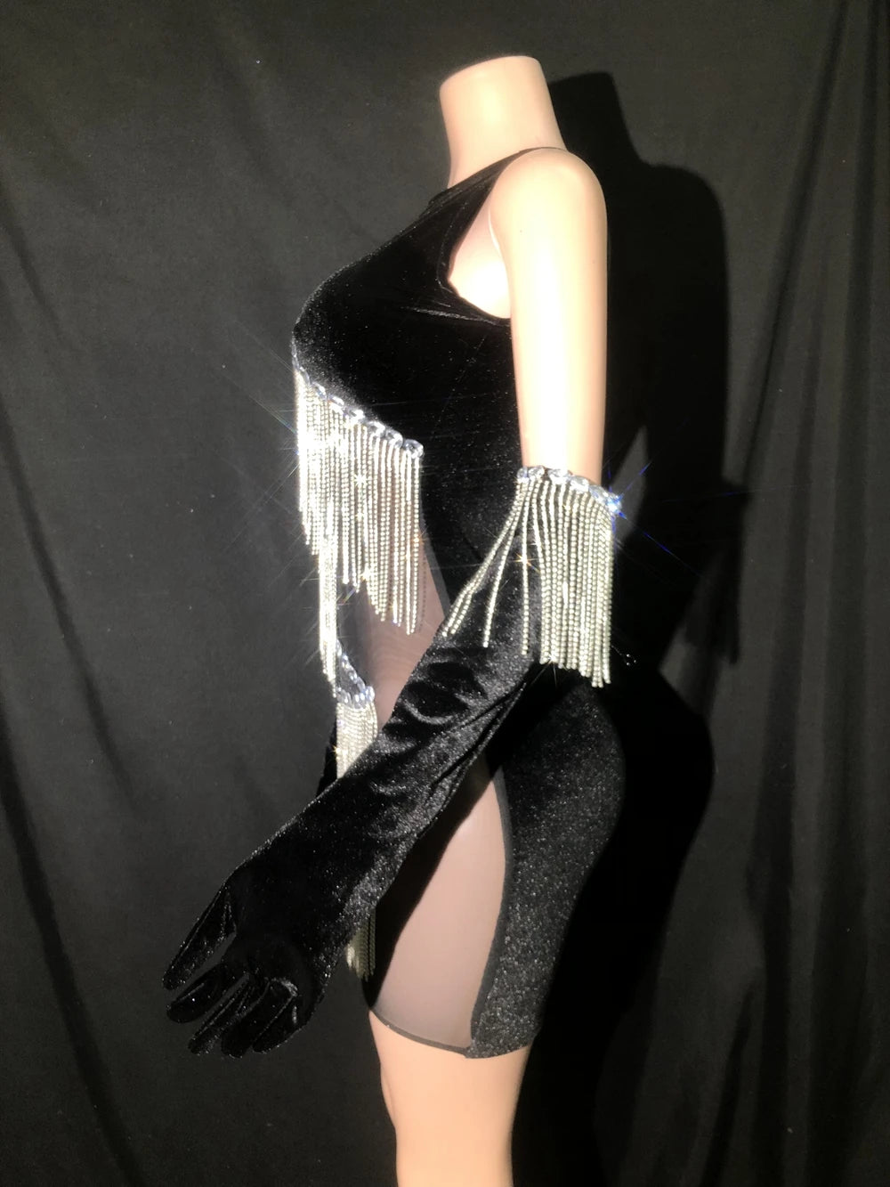 Sparkly Silver Rhinestones Chains Black Mesh Velvet Short Dress Gloves for Women Party Celebrate Birthday Dress Show Stage Wear