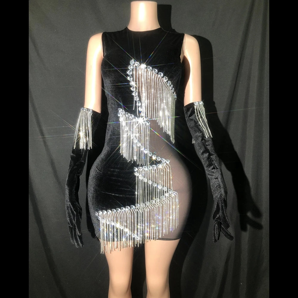Sparkly Silver Rhinestones Chains Black Mesh Velvet Short Dress Gloves for Women Party Celebrate Birthday Dress Show Stage Wear