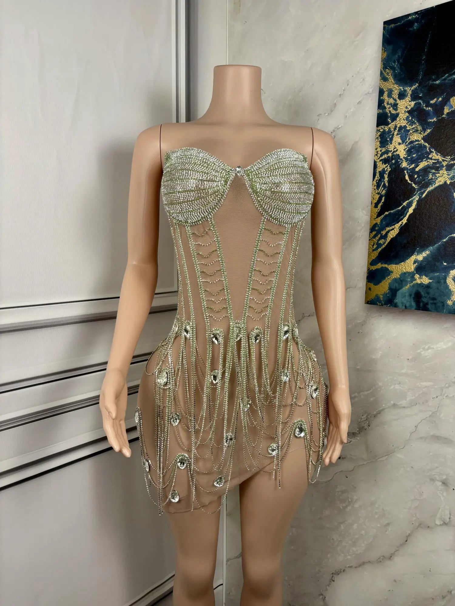 Sparkly Silver Rhinestones Fringe Transparent Dress for Women's Birthday Celebrate Mesh Outfit Bar Dancer Prom Gowns 