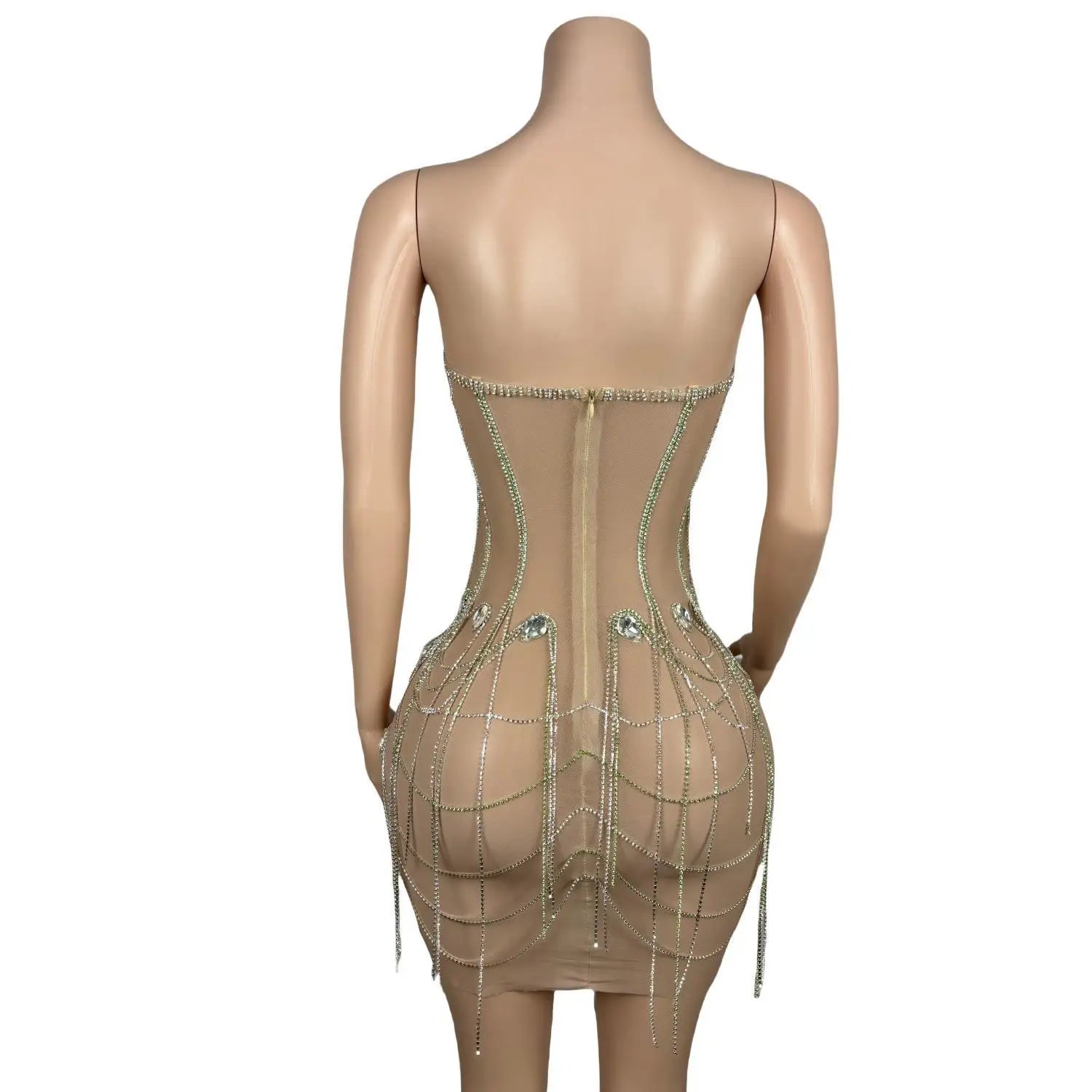 Sparkly Silver Rhinestones Fringe Transparent Dress for Women's Birthday Celebrate Mesh Outfit Bar Dancer Prom Gowns 