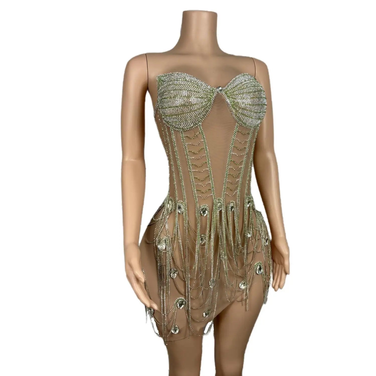 Sparkly Silver Rhinestones Fringe Transparent Dress for Women's Birthday Celebrate Mesh Outfit Bar Dancer Prom Gowns 