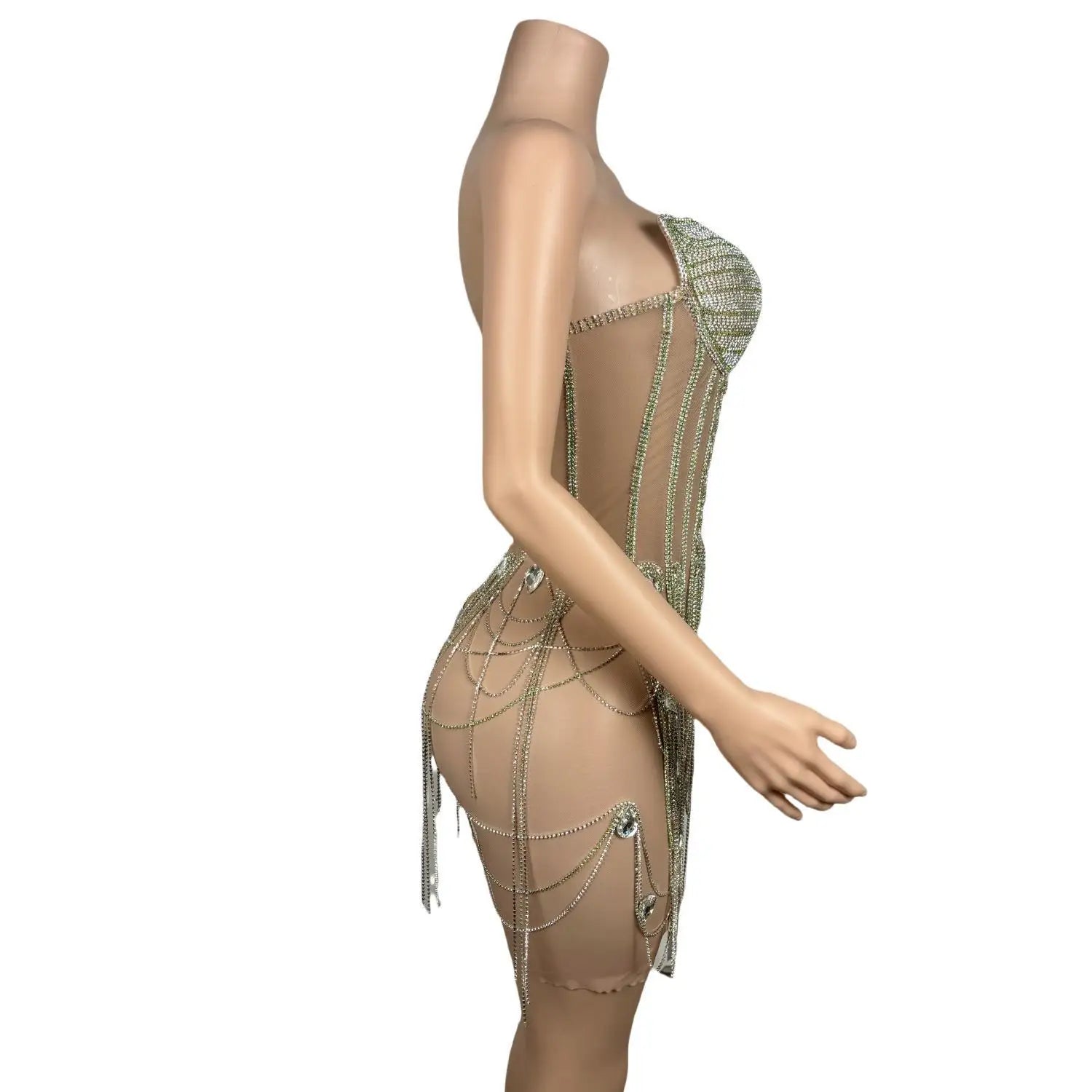 Sparkly Silver Rhinestones Fringe Transparent Dress for Women's Birthday Celebrate Mesh Outfit Bar Dancer Prom Gowns 