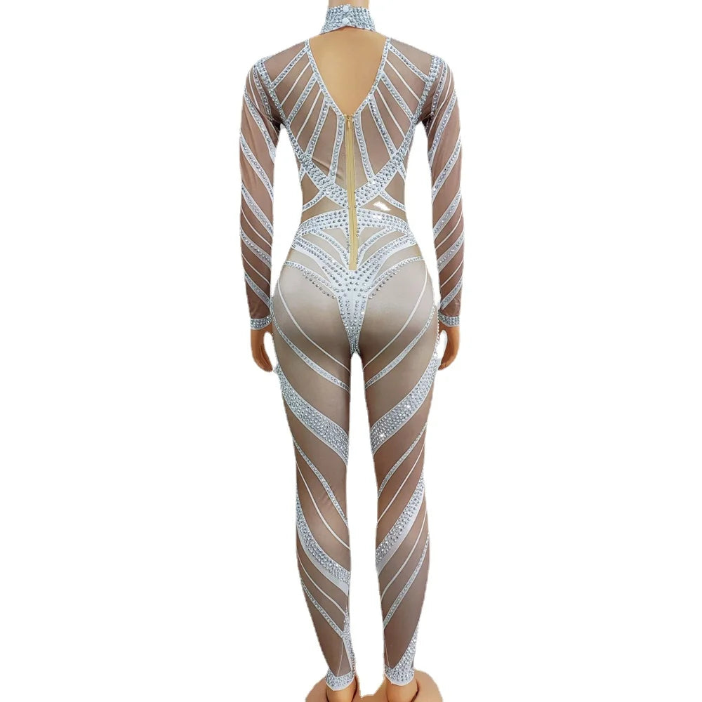 Sparkly Silver Rhinestones Stretch Jumpsuit for Women Sexy Dance Costume Nightclub Performance Stage Wear Party Birthday Rompers