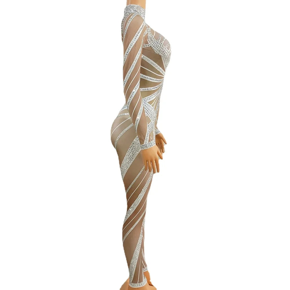 Sparkly Silver Rhinestones Stretch Jumpsuit for Women Sexy Dance Costume Nightclub Performance Stage Wear Party Birthday Rompers