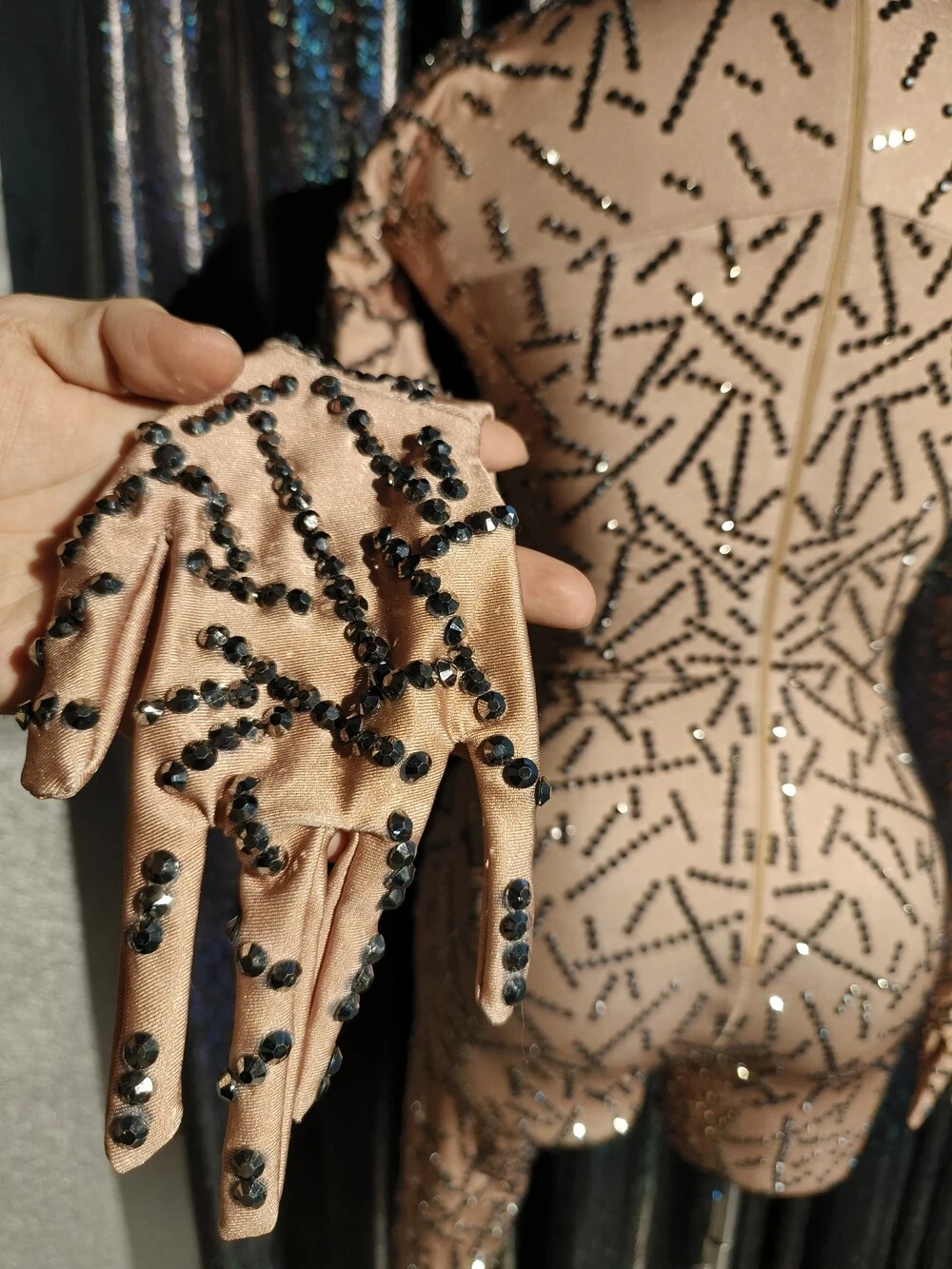 Sparkly Silver Rhinestones Stretchy Jumpsuit Long Sleeves Gloves Women Tights Performance Dance Costume Singer Show Stage Wear