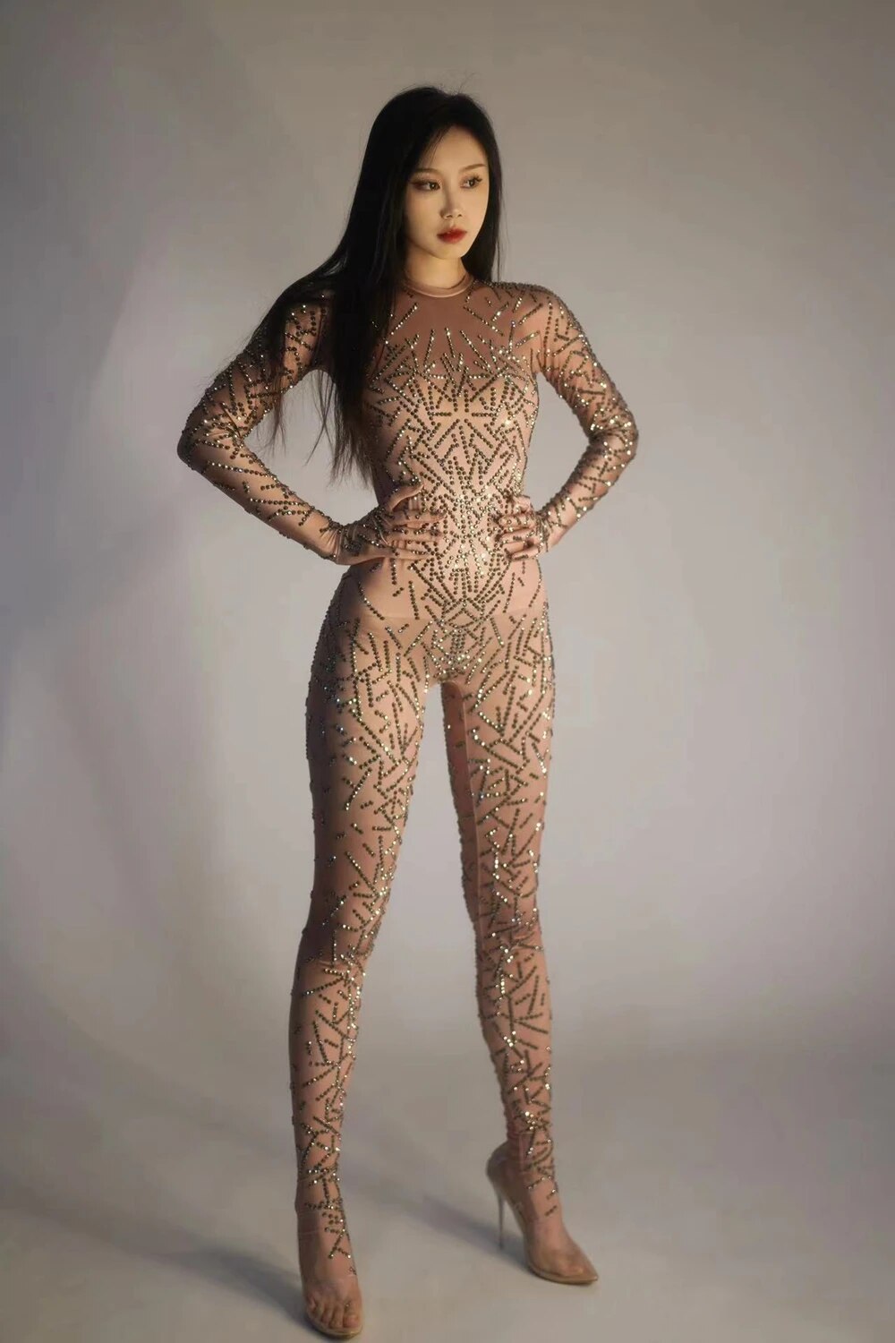 Sparkly Silver Rhinestones Stretchy Jumpsuit Long Sleeves Gloves Women Tights Performance Dance Costume Singer Show Stage Wear