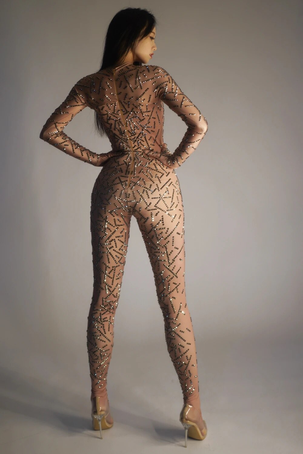 Sparkly Silver Rhinestones Stretchy Jumpsuit Long Sleeves Gloves Women Tights Performance Dance Costume Singer Show Stage Wear