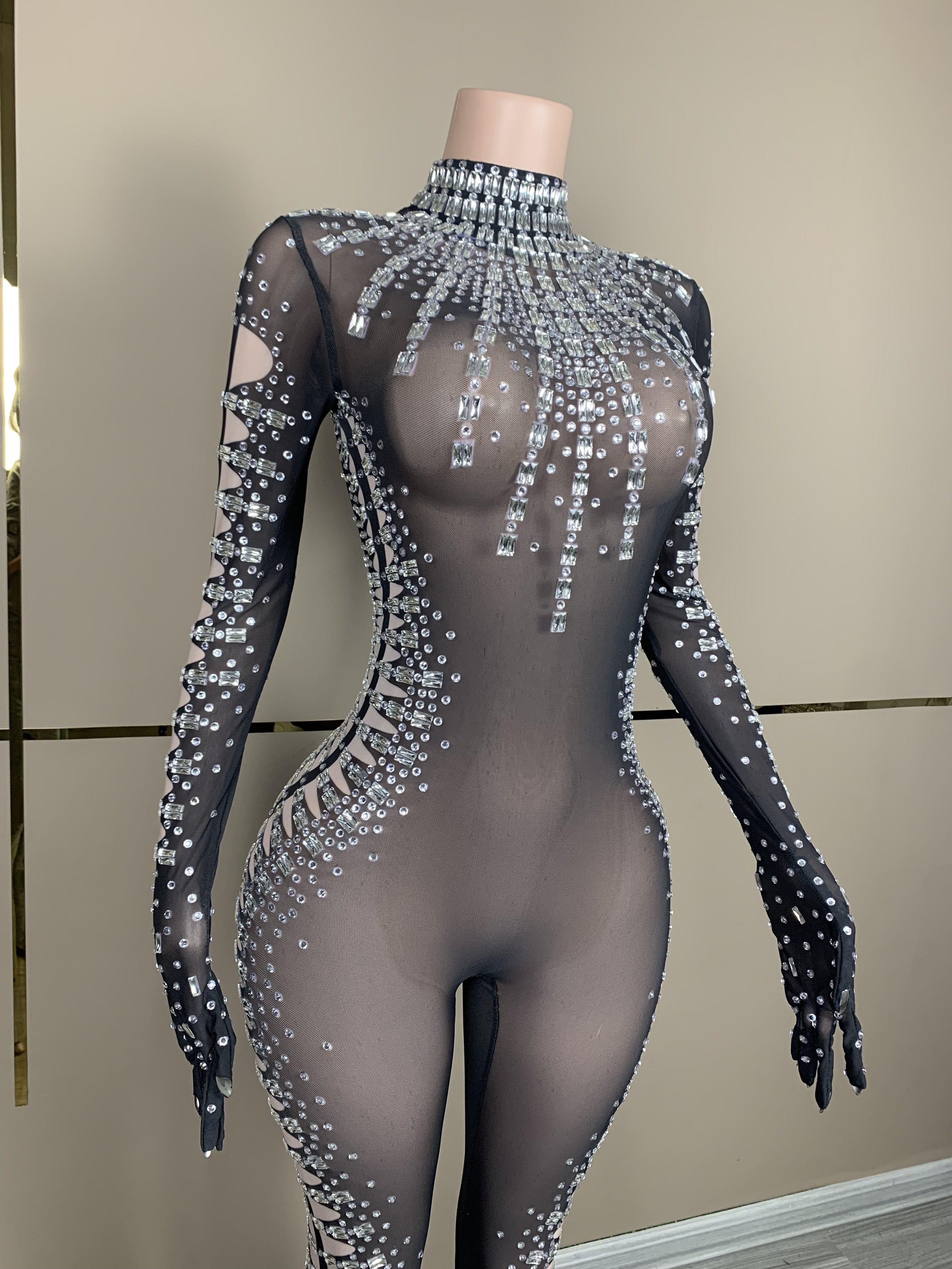 Sparkly Silver Rhinestones Transparent Stretch Jumpsuit Celebrate Sexy Black Mesh Gloves Bodysuit Birthday Prom Outfit