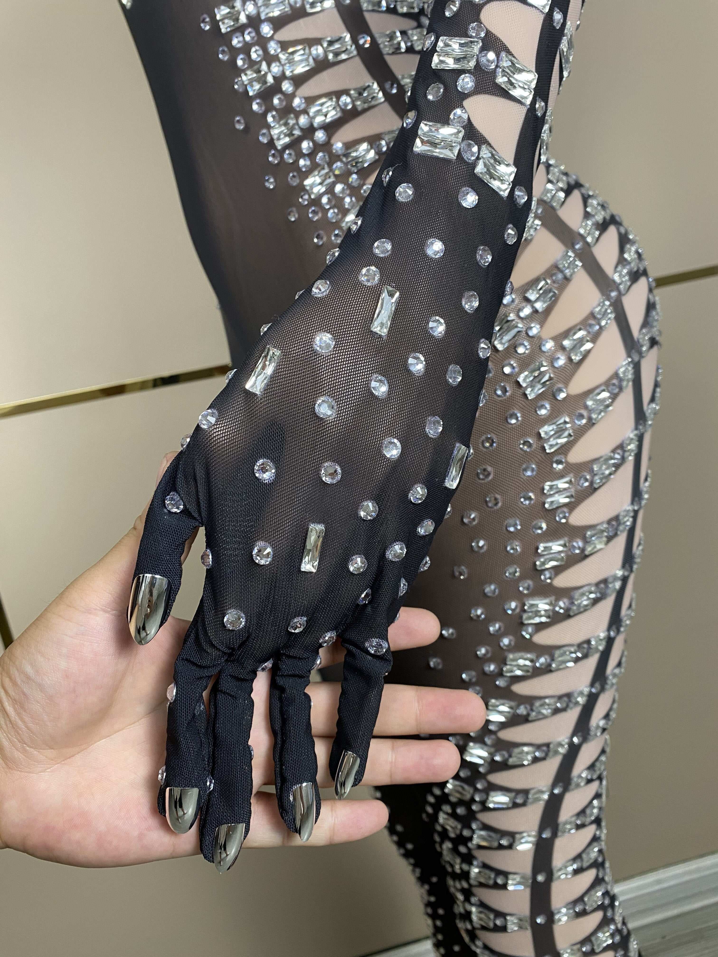 Sparkly Silver Rhinestones Transparent Stretch Jumpsuit Celebrate Sexy Black Mesh Gloves Bodysuit Birthday Prom Outfit