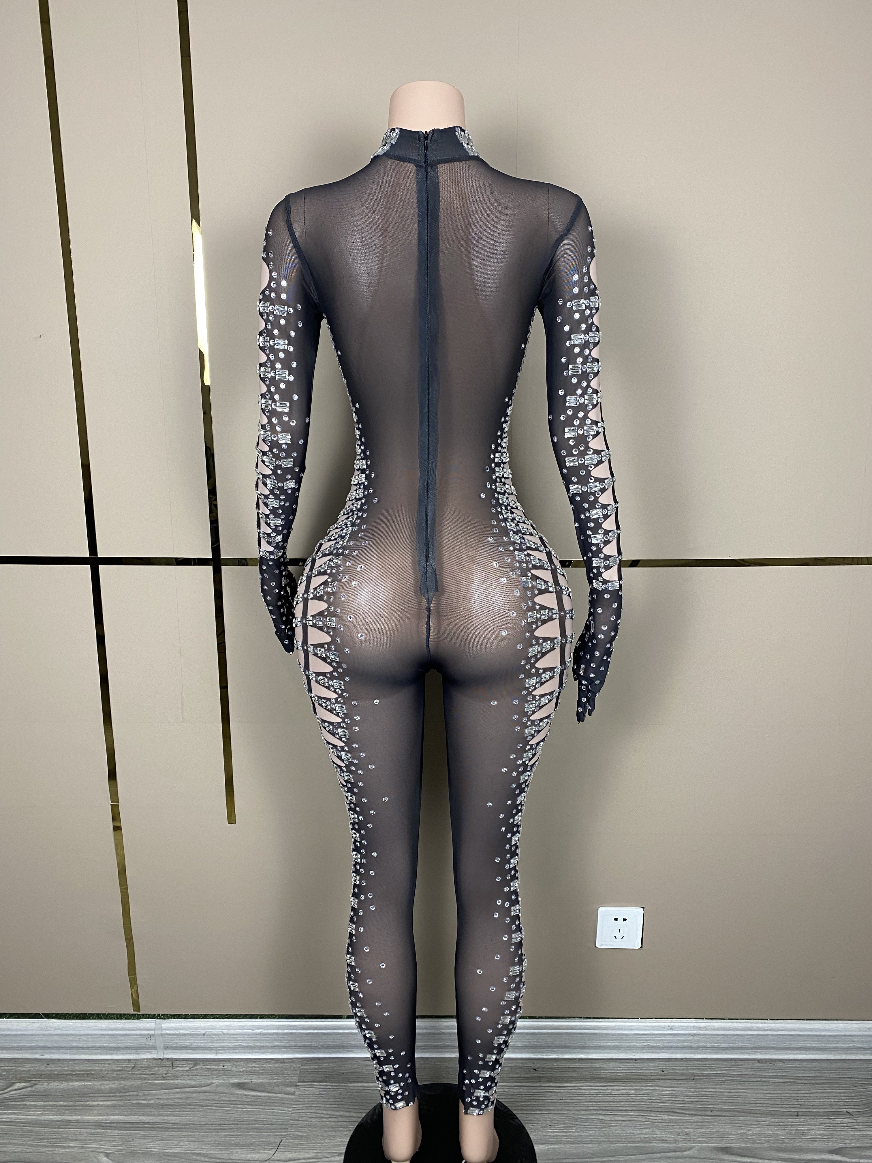 Sparkly Silver Rhinestones Transparent Stretch Jumpsuit Celebrate Sexy Black Mesh Gloves Bodysuit Birthday Prom Outfit