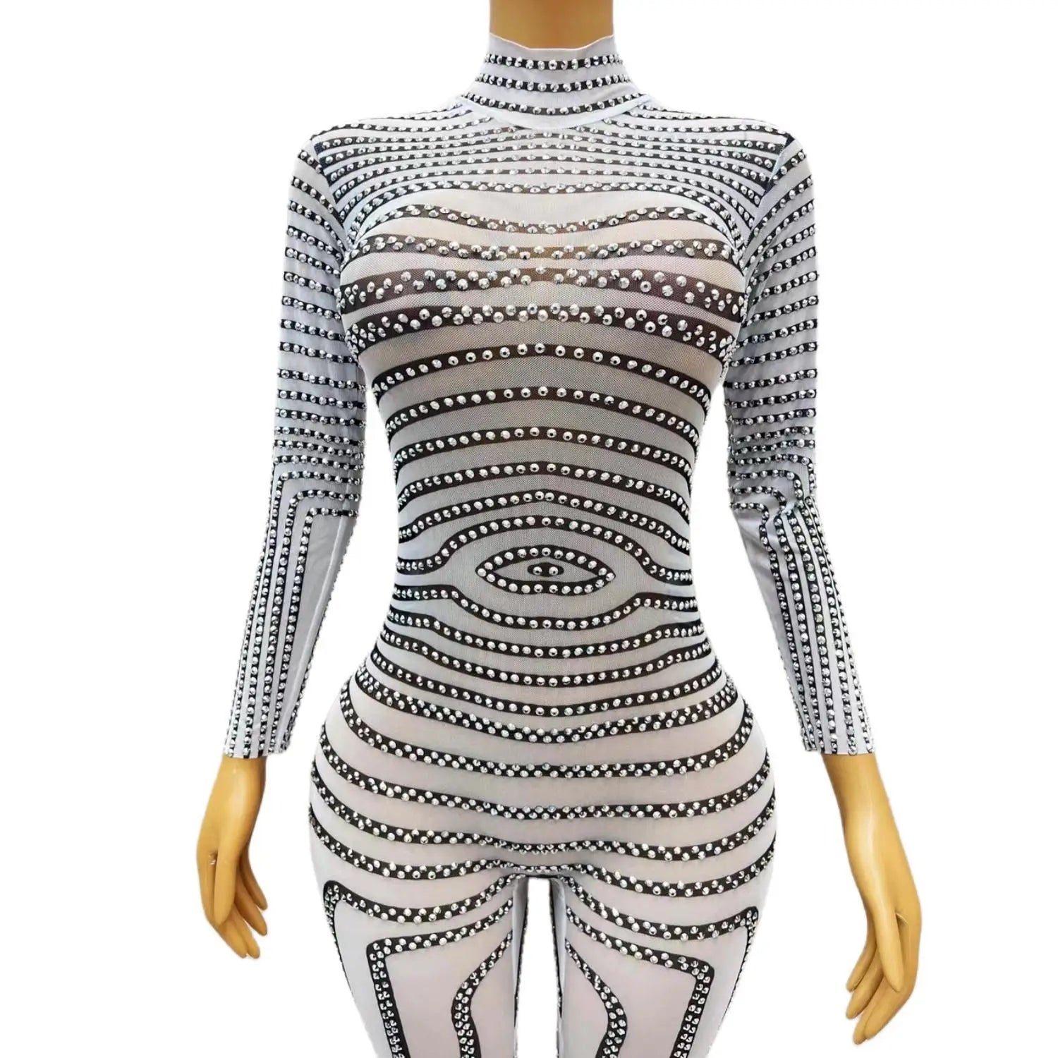 Sparkly Silver Rhinestones Zebra Print Jumpsuit Sexy Stretch Leggings Stones Jumpsuit Costume Birthday Celebrate Outfit