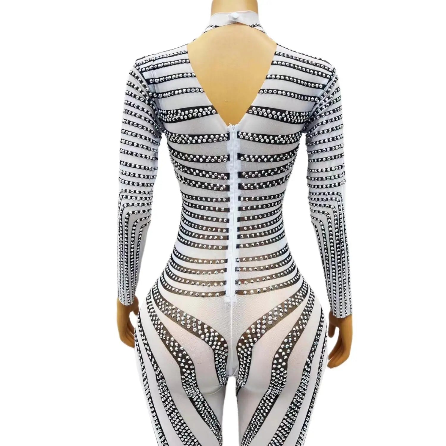 Sparkly Silver Rhinestones Zebra Print Jumpsuit Sexy Stretch Leggings Stones Jumpsuit Costume Birthday Celebrate Outfit