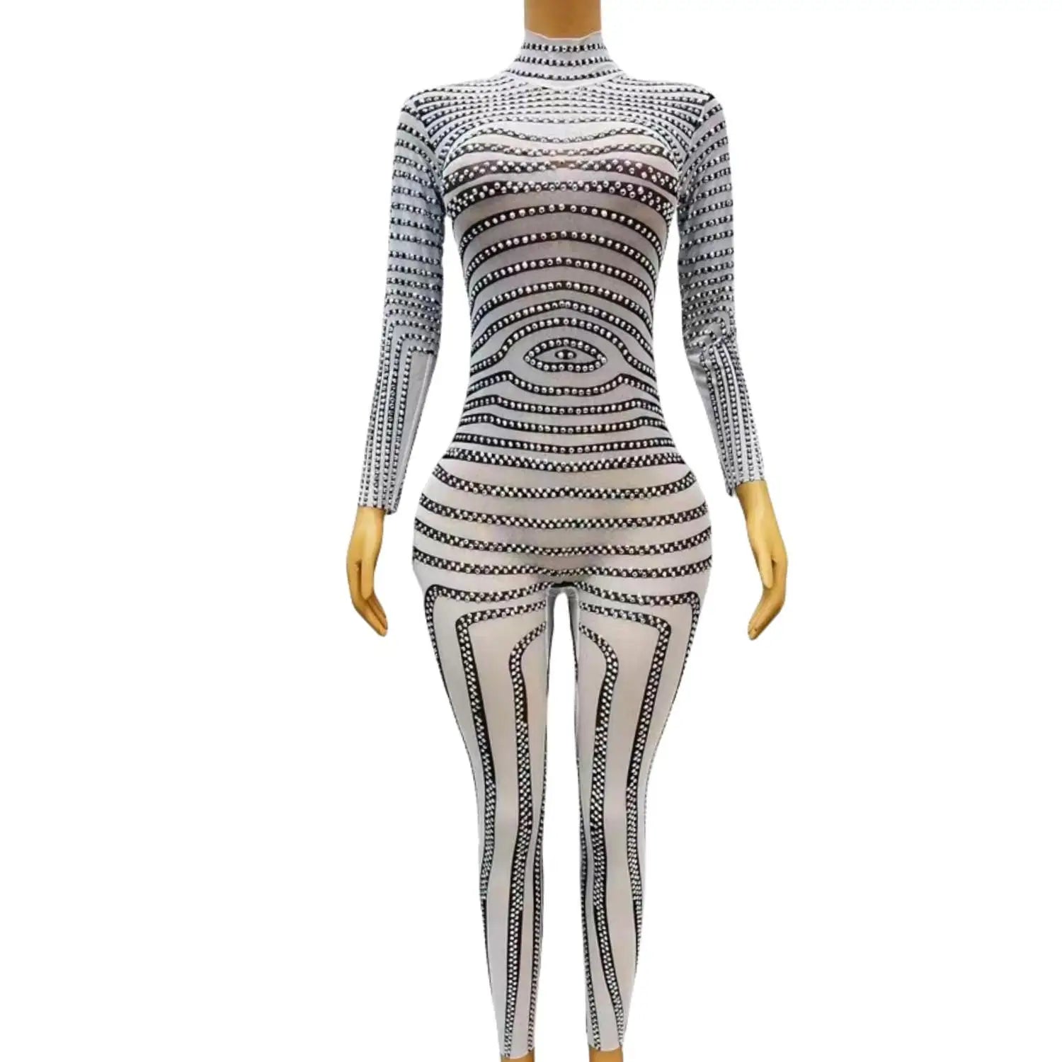 Sparkly Silver Rhinestones Zebra Print Jumpsuit Sexy Stretch Leggings Stones Jumpsuit Costume Birthday Celebrate Outfit