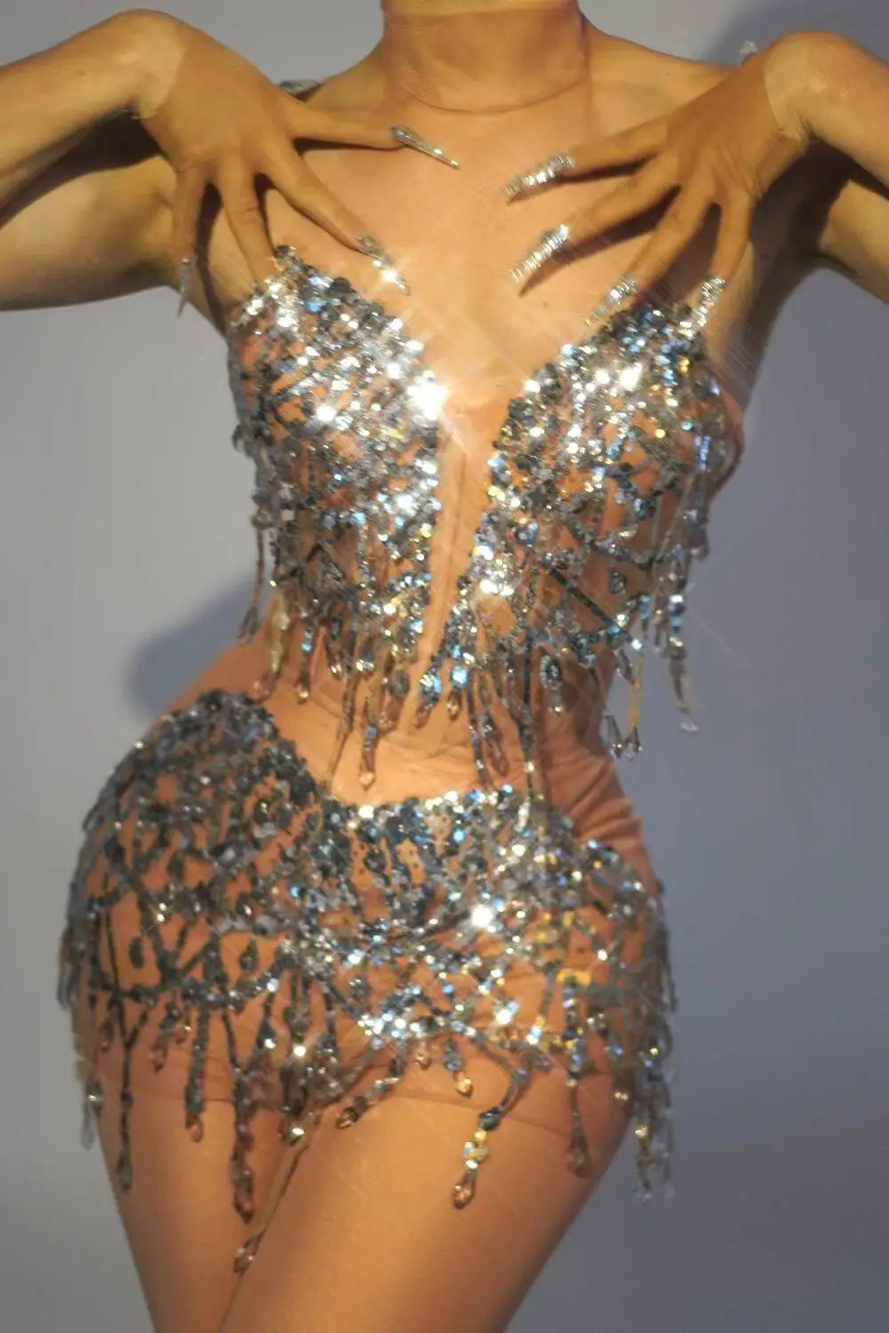 Sparkly Silver Sequins Crystals Short Summer Dress Sexy Transparent Women Evening Birthday Dress Singer Show Wear