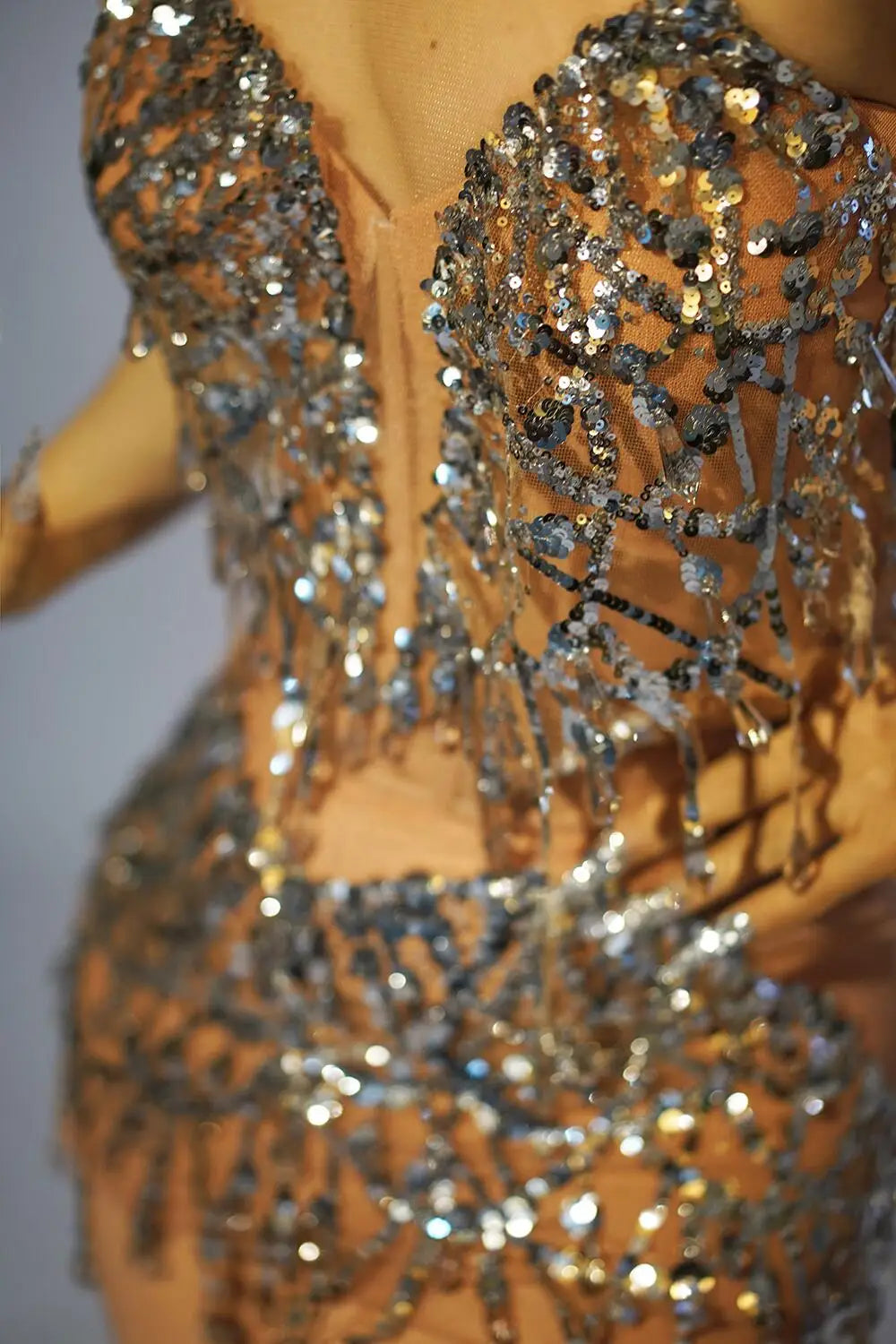 Sparkly Silver Sequins Crystals Short Summer Dress Sexy Transparent Women Evening Birthday Dress Singer Show Wear