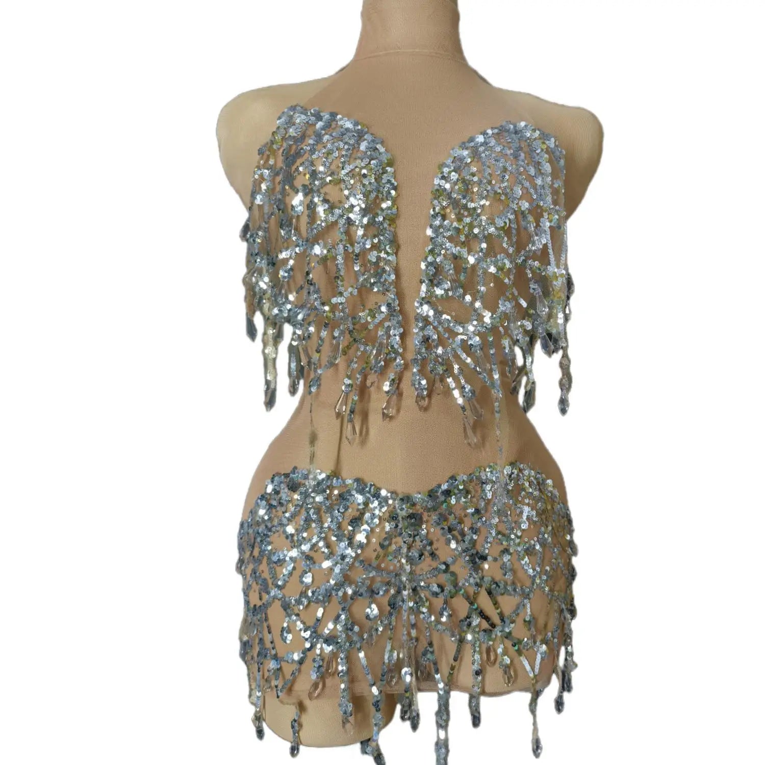 Sparkly Silver Sequins Crystals Short Summer Dress Sexy Transparent Women Evening Birthday Dress Singer Show Wear