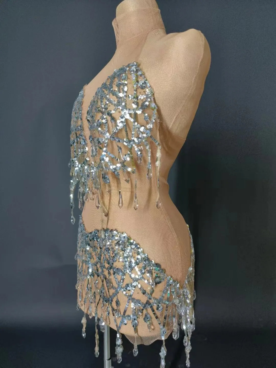 Sparkly Silver Sequins Crystals Short Summer Dress Sexy Stage Transparent Women Evening Birthday Party Dress Singer Show Wear