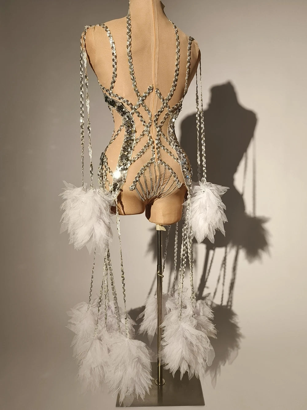 Sparkly Silver Sequins Fringes Bodysuit Women Sexy Mesh Transparent Performance Dance Costume Nightclub Singer Dancer Stage Wear