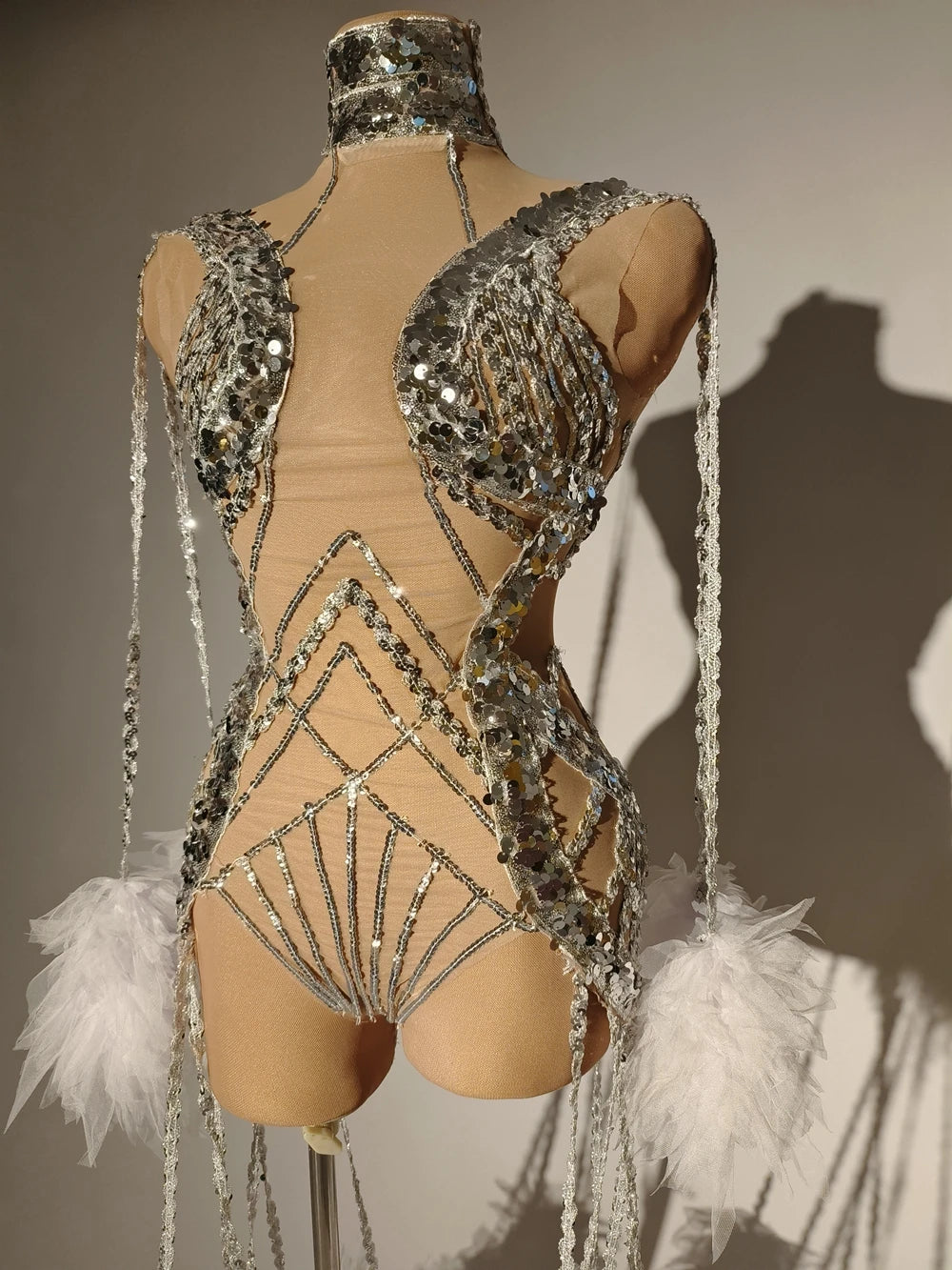Sparkly Silver Sequins Fringes Bodysuit Women Sexy Mesh Transparent Performance Dance Costume Nightclub Singer Dancer Stage Wear