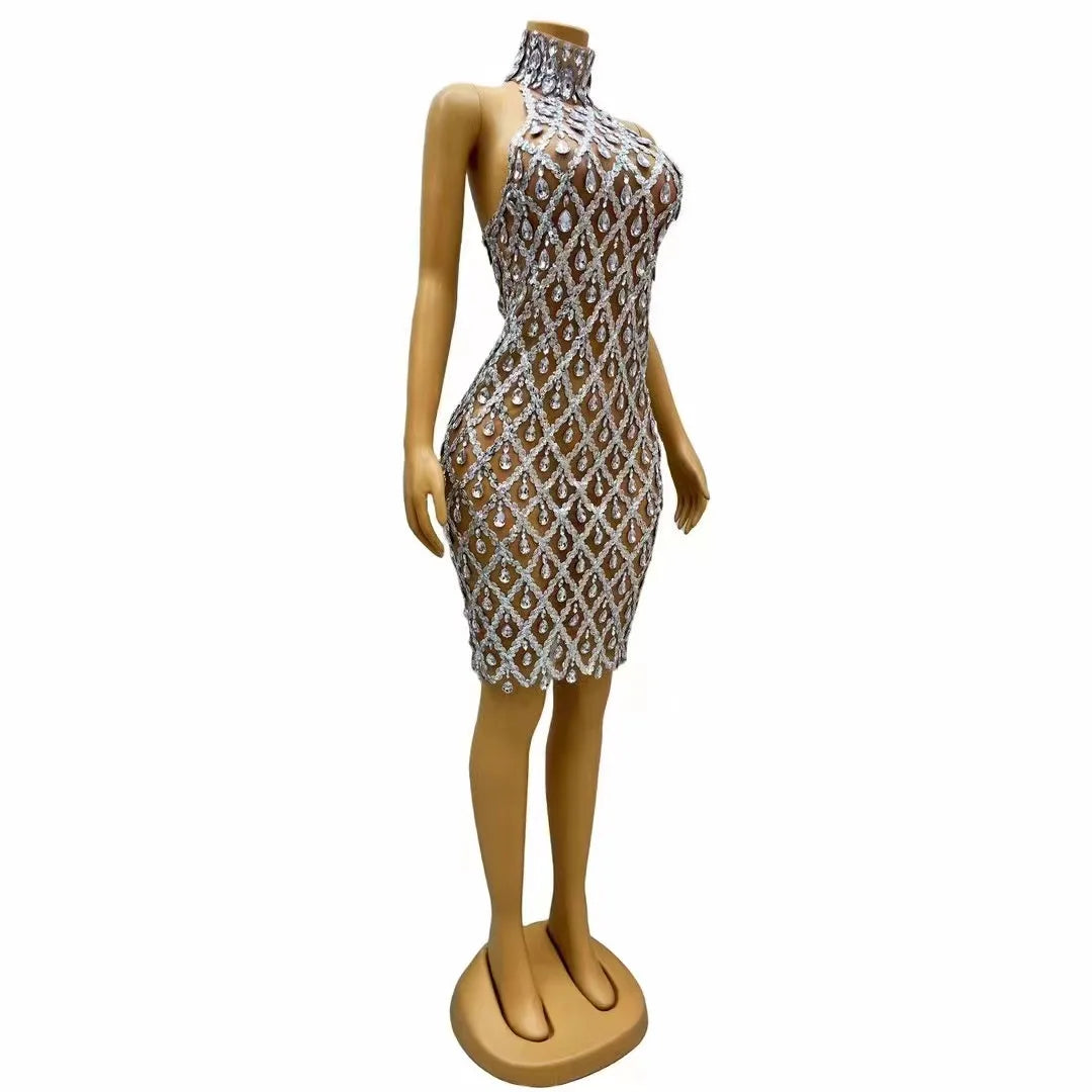 Sparkly Silver Sequins Rhinestones Transparent Mesh Dress Evening Birthday Celebrate Party Sexy Sleeveless Costume Prom Dress