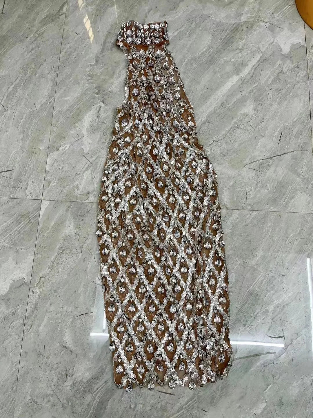 Sparkly Silver Sequins Rhinestones Transparent Mesh Dress Evening Birthday Celebrate Party Sexy Sleeveless Costume Prom Dress