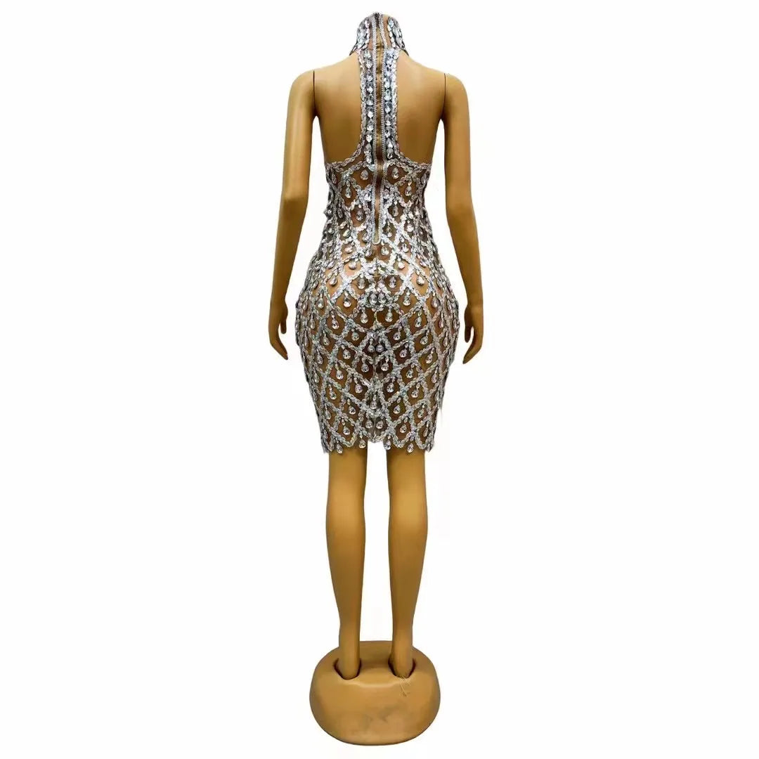 Sparkly Silver Sequins Rhinestones Transparent Mesh Dress Evening Birthday Celebrate Party Sexy Sleeveless Costume Prom Dress