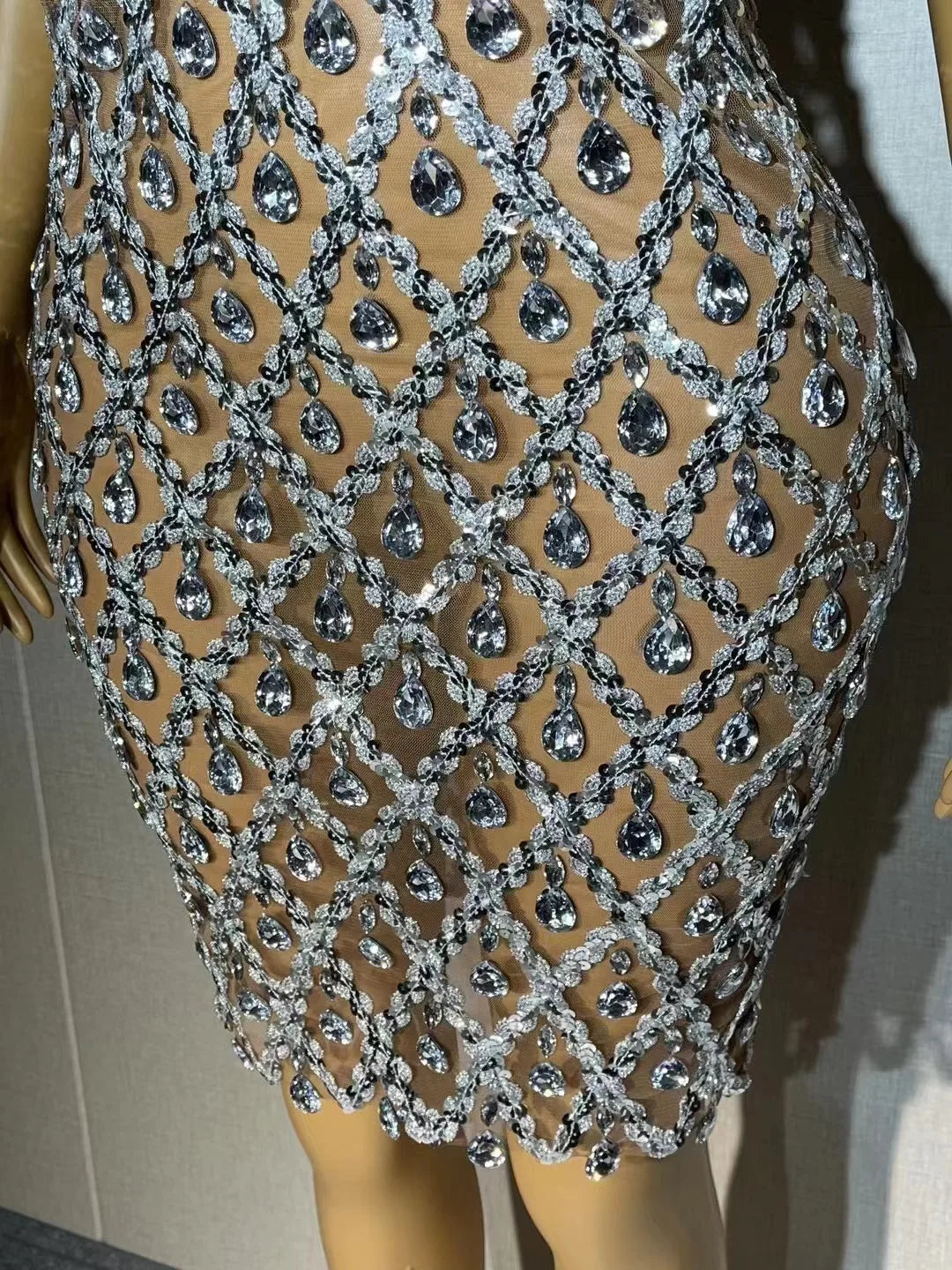 Sparkly Silver Sequins Rhinestones Transparent Mesh Dress Evening Birthday Celebrate Party Sexy Sleeveless Costume Prom Dress