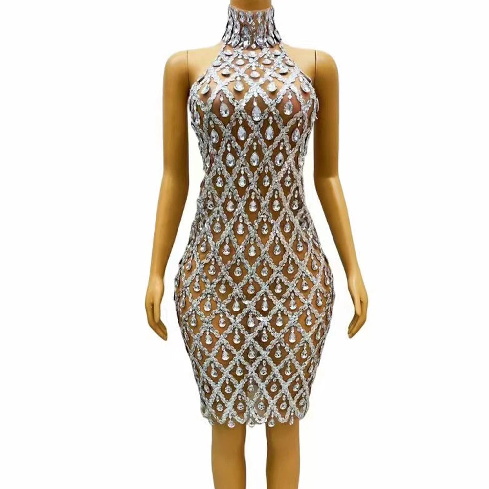 Sparkly Silver Sequins Rhinestones Transparent Mesh Dress Evening Birthday Celebrate Party Sexy Sleeveless Costume Prom Dress