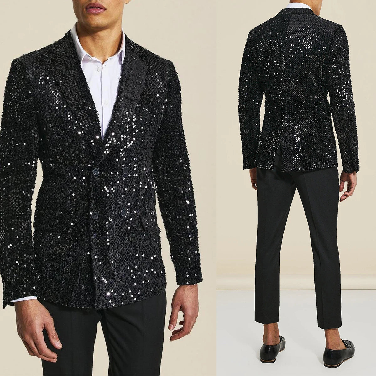 Sparkly Wedding Suits For Men Notch Lapel Groom Wear Slim Fit Double Breasted Tuxedos Business Party 2 Pcs Coat Pants