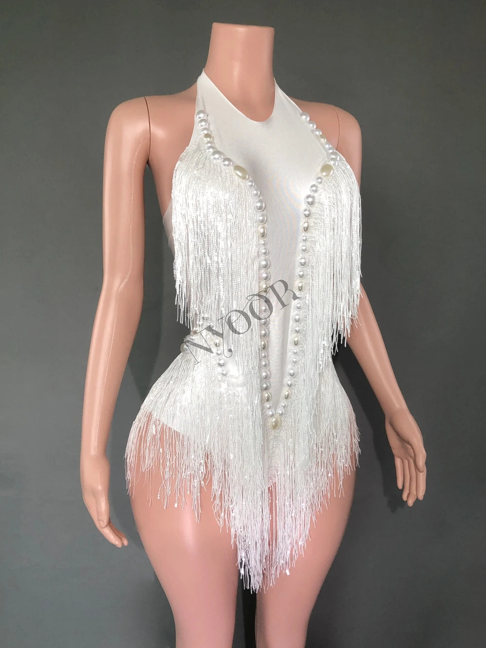 Sparkly White Pearls Sequins Fringes Bodysuit Sexy Tassel One-piece Dance Costume Singer Dancer Performance Show Stage Wear