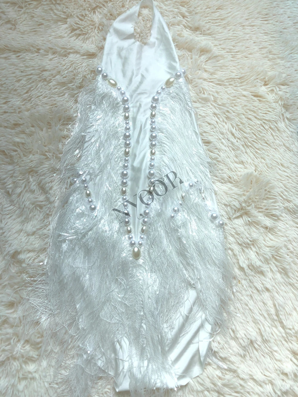 Sparkly White Pearls Sequins Fringes Bodysuit Sexy Tassel One-piece Dance Costume Singer Dancer Performance Show Stage Wear