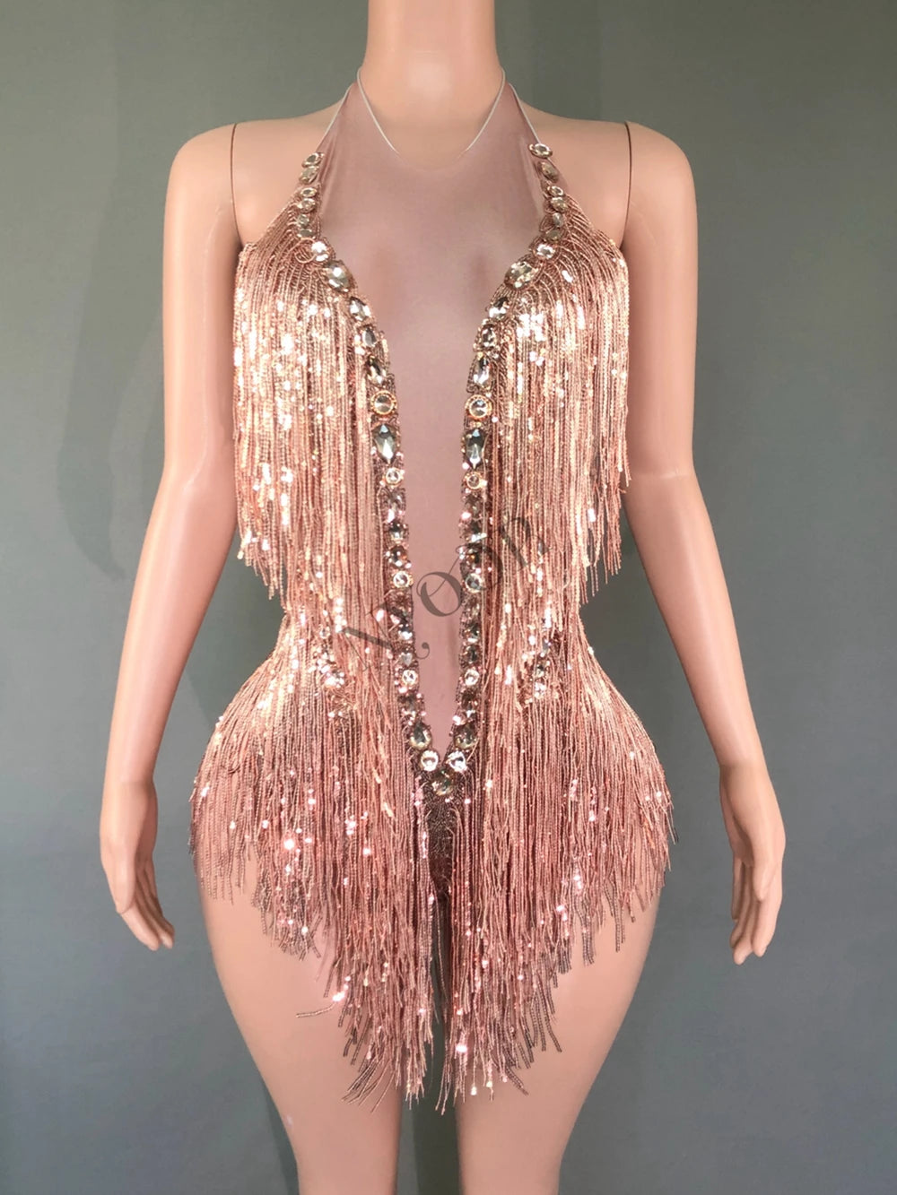 Sparkly White Pearls Sequins Fringes Bodysuit Sexy Tassel One-piece Dance Costume Singer Dancer Performance Show Stage Wear