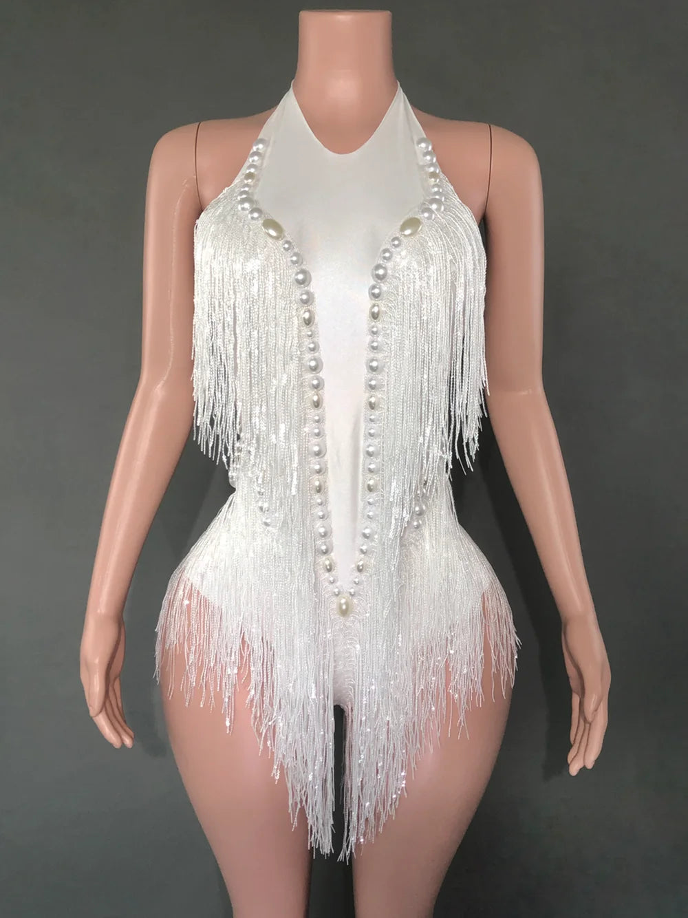 Sparkly White Pearls Sequins Fringes Bodysuit Sexy Tassel One-piece Dance Costume Singer Dancer Performance Show Stage Wear