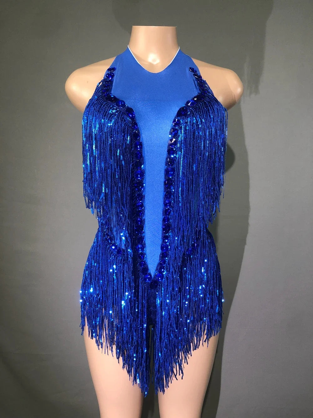 Sparkly White Pearls Sequins Fringes Bodysuit Sexy Tassel One-piece Dance Costume Singer Dancer Performance Show Stage Wear