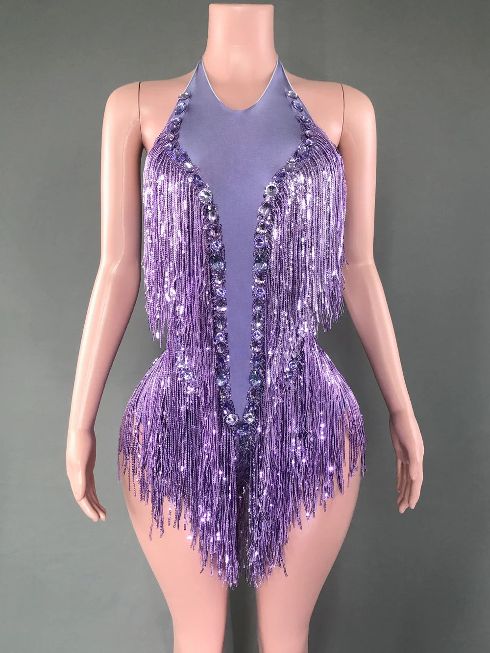Sparkly White Pearls Sequins Fringes Bodysuit Sexy Tassel One-piece Dance Costume Singer Dancer Performance Show Stage Wear