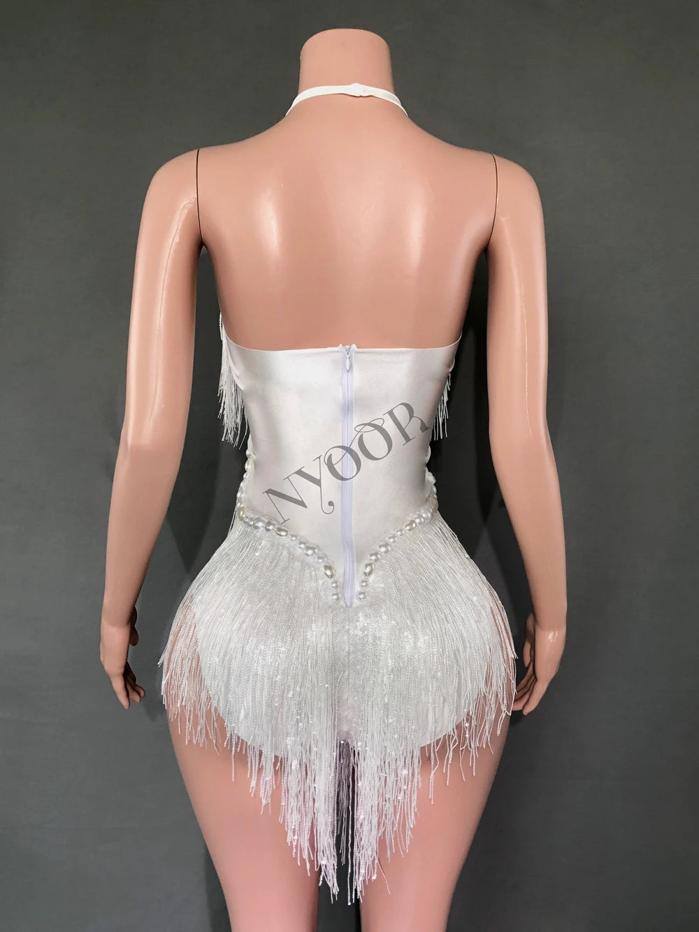 Sparkly White Pearls Sequins Fringes Bodysuit Sexy Tassel One-piece Dance Costume Singer Dancer Performance Show Stage Wear