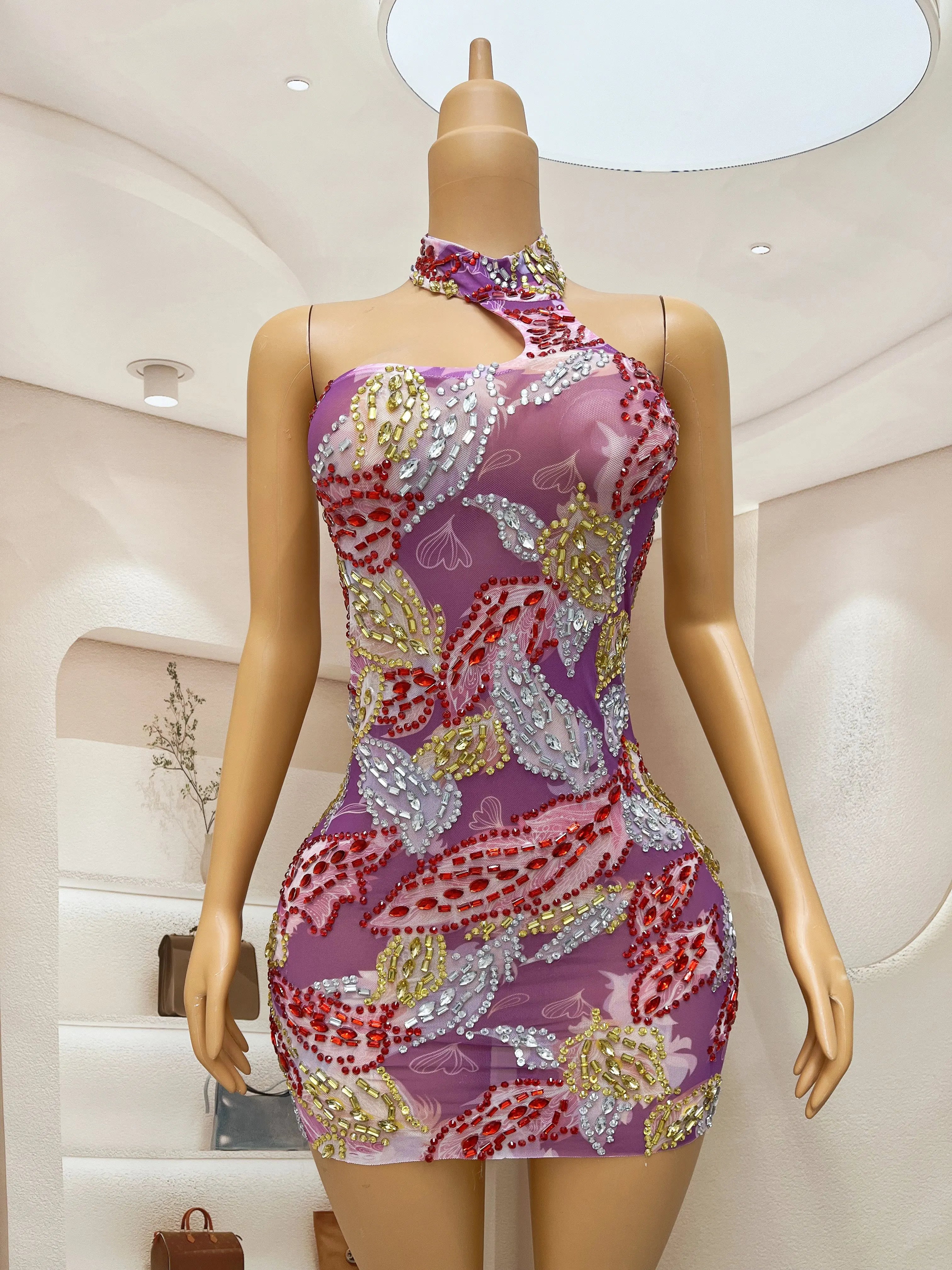 Spring Silver Pink Red Rhinestones Transparent Blackless Dress Evening Birthday Celebrate Crystals Sexy Costume