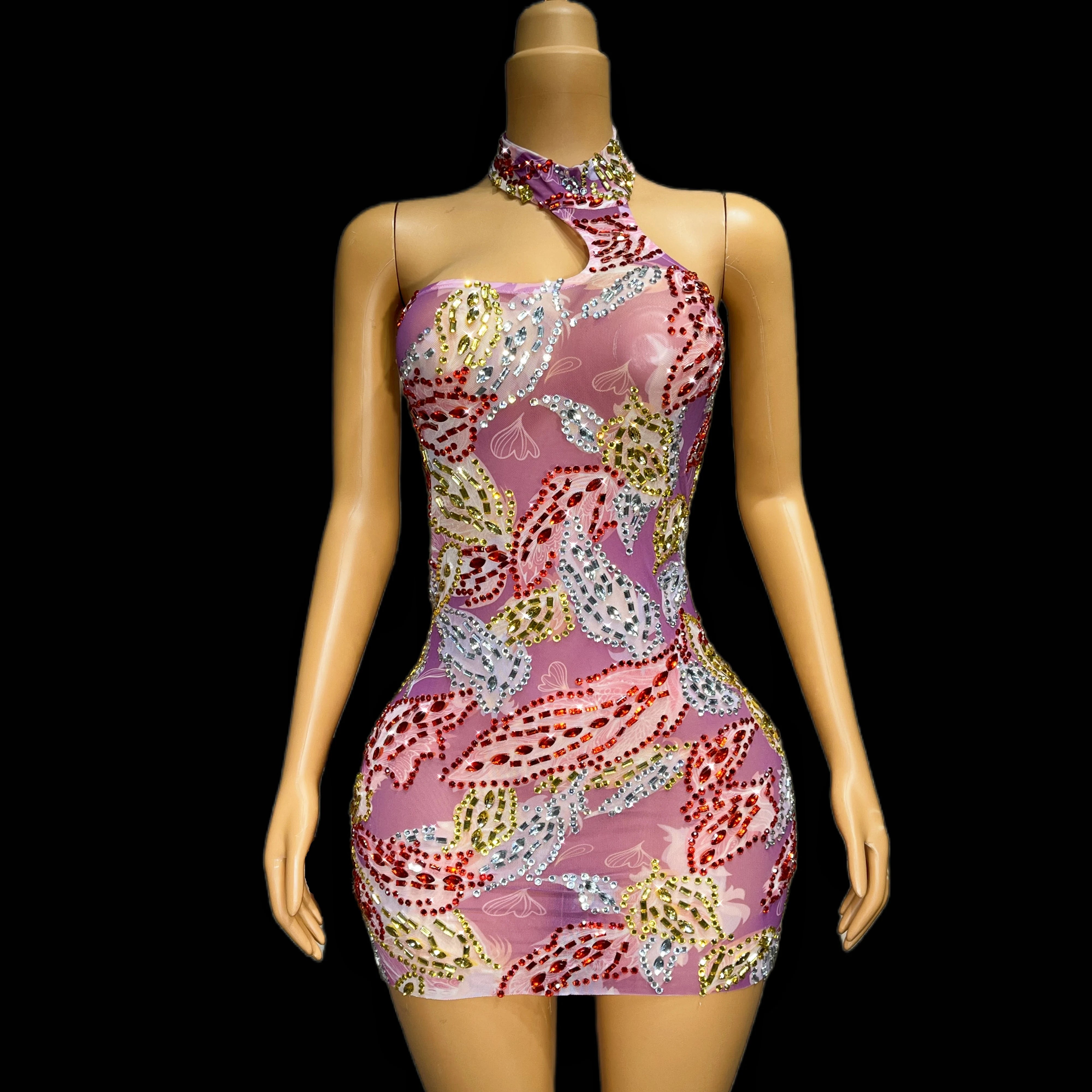 Spring Silver Pink Red Rhinestones Transparent Blackless Dress Evening Birthday Celebrate Crystals Sexy Costume